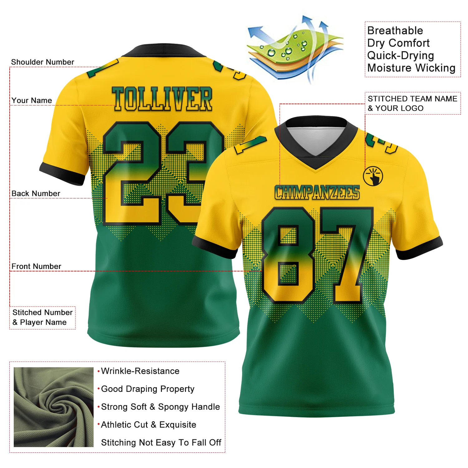 Custom Yellow Kelly Green-Black Authentic Gradient Square Shape Flag Football Jersey