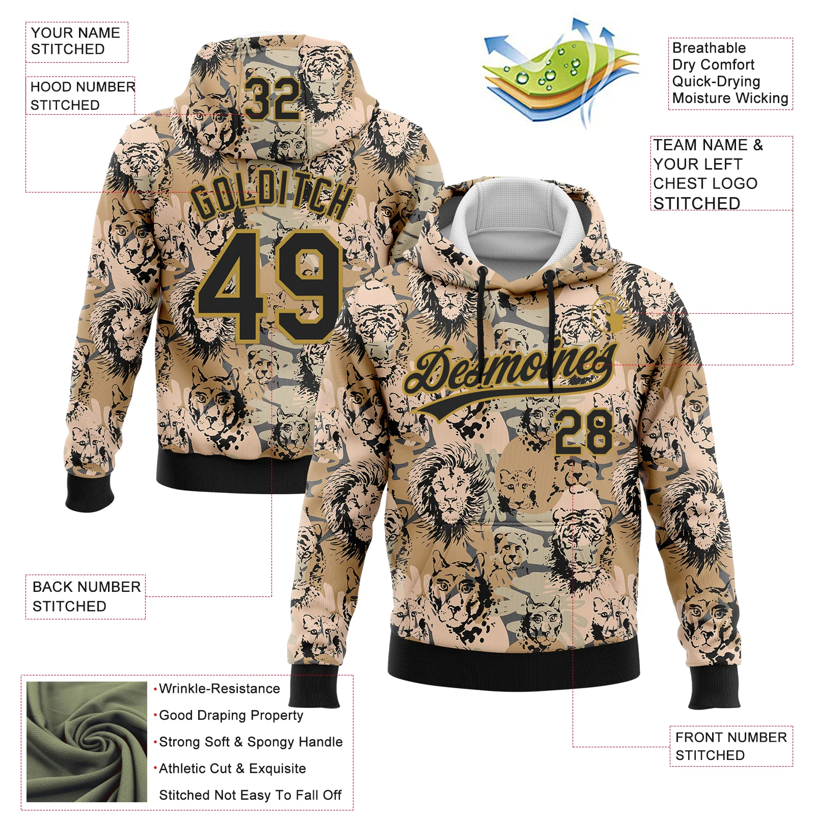 Custom Stitched Camo Black-Old Gold 3D Animal Lion And Tiger Sports Pullover Sweatshirt Salute To Service Hoodie