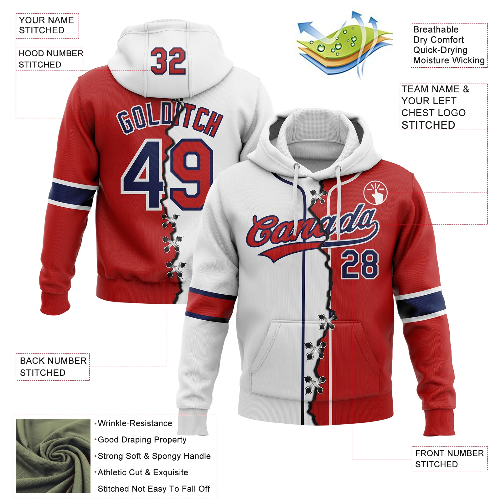 Custom Red Navy-White Split Ripped Pattern Baseball Pullover Sweatshirt Hoodie