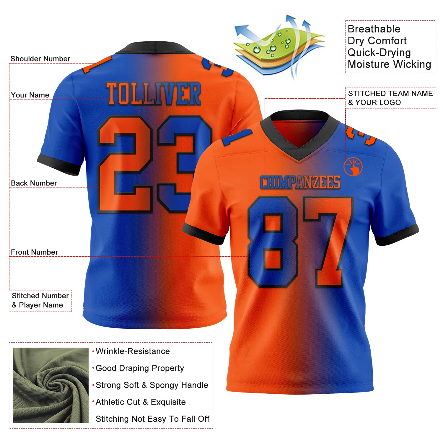 Custom Thunder Blue Orange-Black Authentic Gradient Fashion Football Jersey