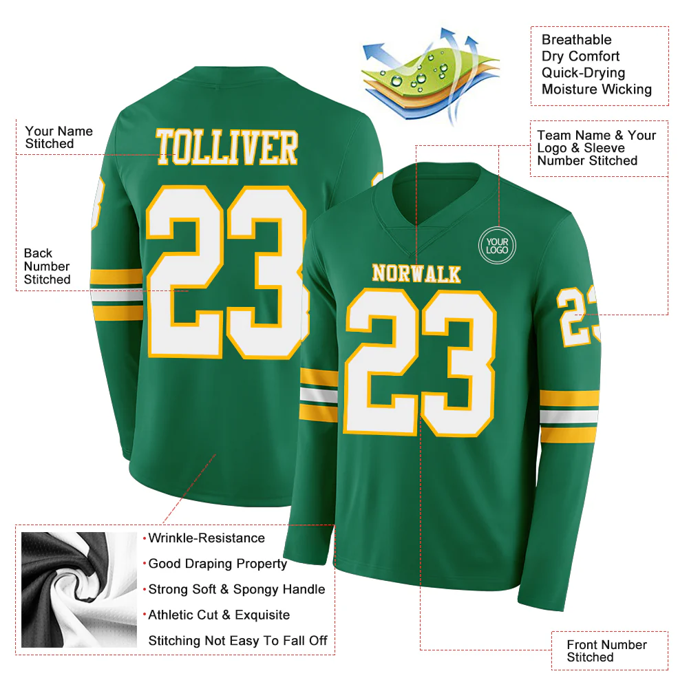 Custom Kelly Green White-Gold Long Sleeve Authentic Football Jersey