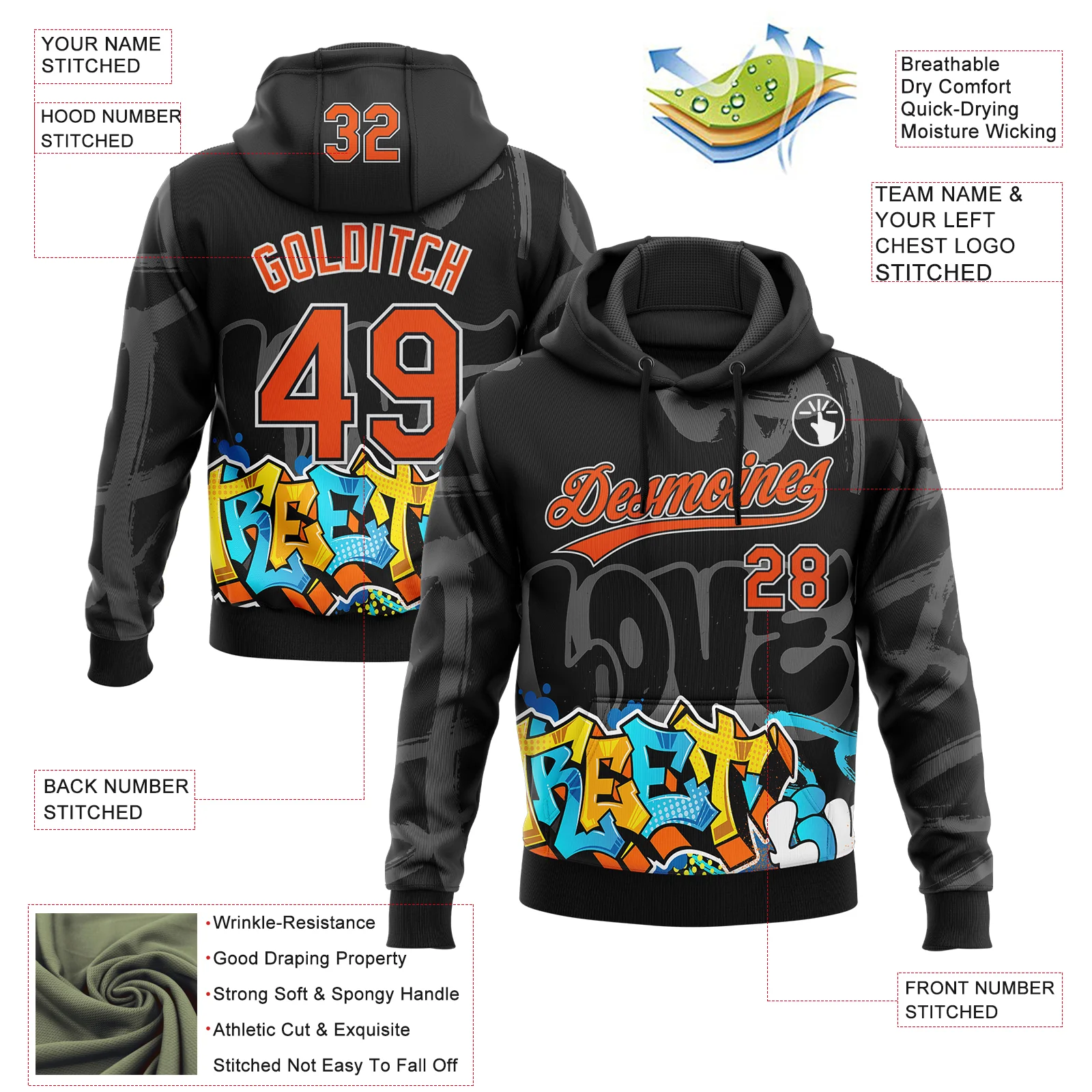 Custom Stitched Black Orange Gray-White 3D Graffiti Splash Street Art Sports Pullover Sweatshirt Hoodie