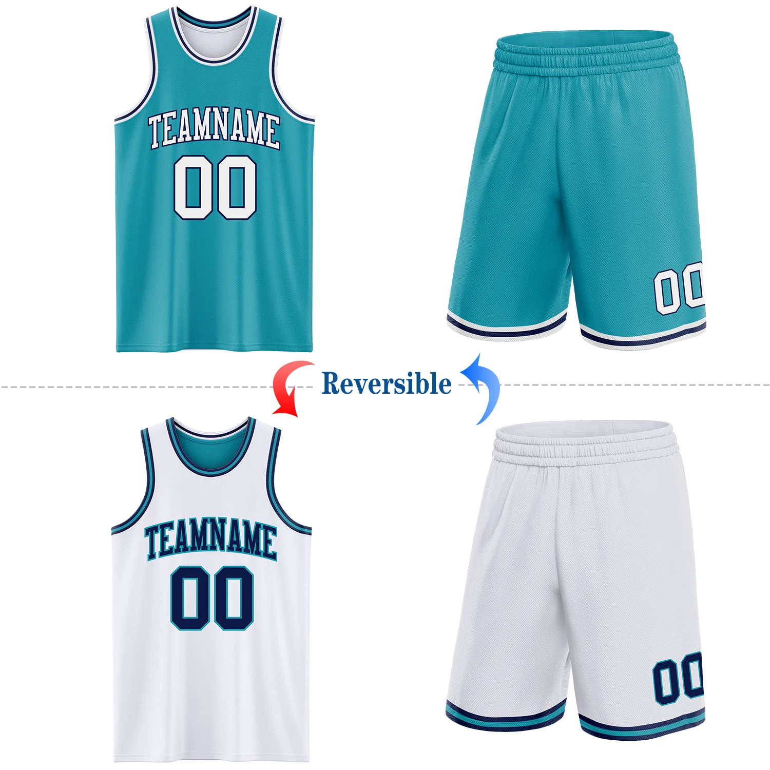 Custom Reversible Teal White-Navy Double Side Sublimation Basketball Suit Jersey