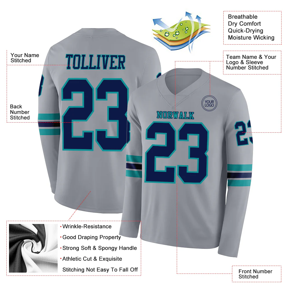 Custom Gray Navy-Teal Long Sleeve Authentic Football Jersey