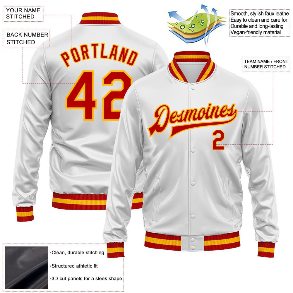 Custom White Red-Gold Bomber Full-Snap Varsity Faux Leather Letterman Jacket