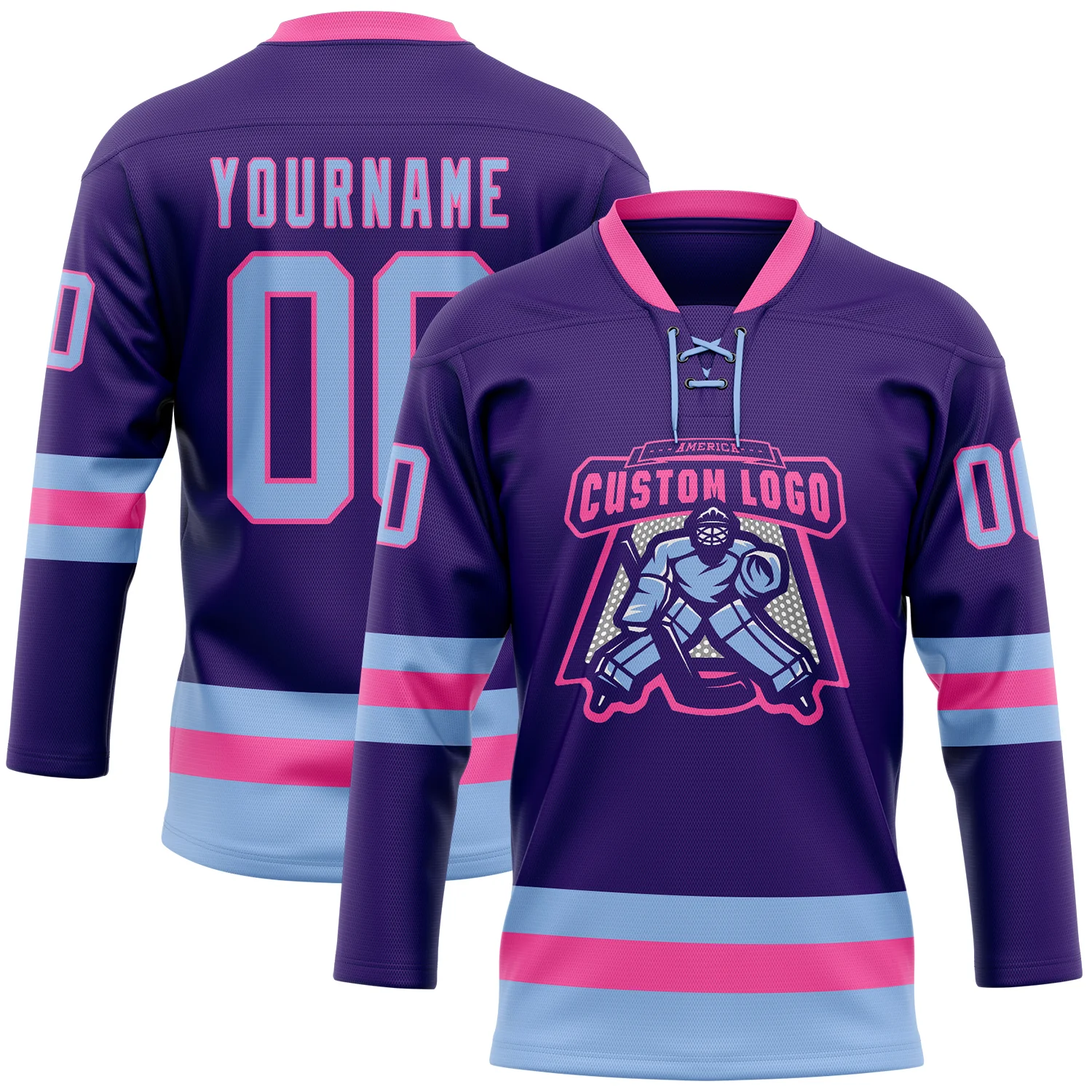 Custom Purple Light Blue-Pink Hockey Lace Neck Jersey