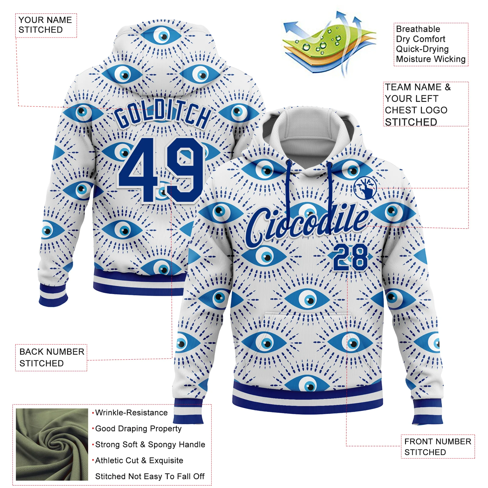Custom Stitched White Royal 3D Pattern Design Evil Eyes Sports Pullover Sweatshirt Hoodie