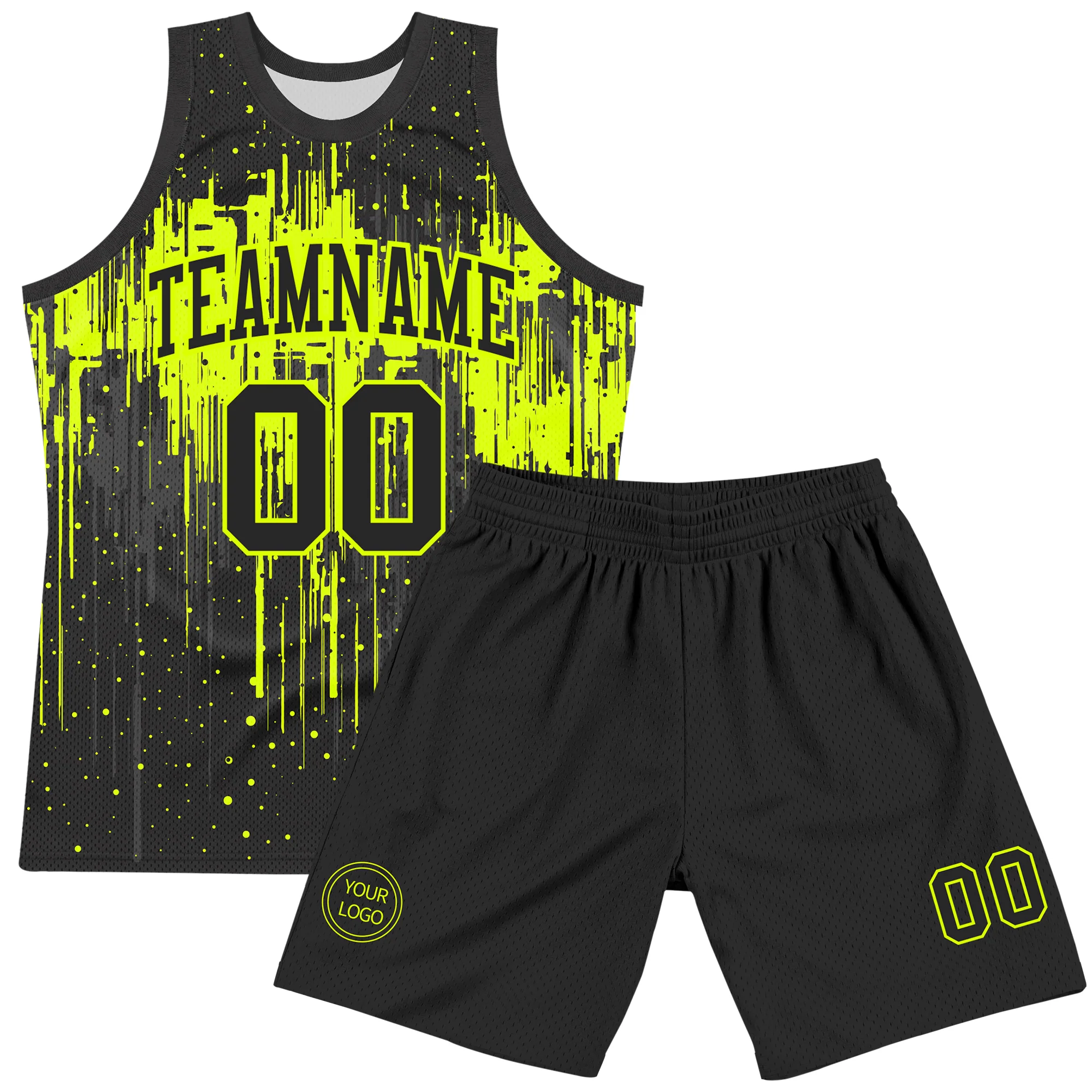Custom Black Neon Green Dripping Splatter Art Round Neck Sublimation Basketball Suit Jersey