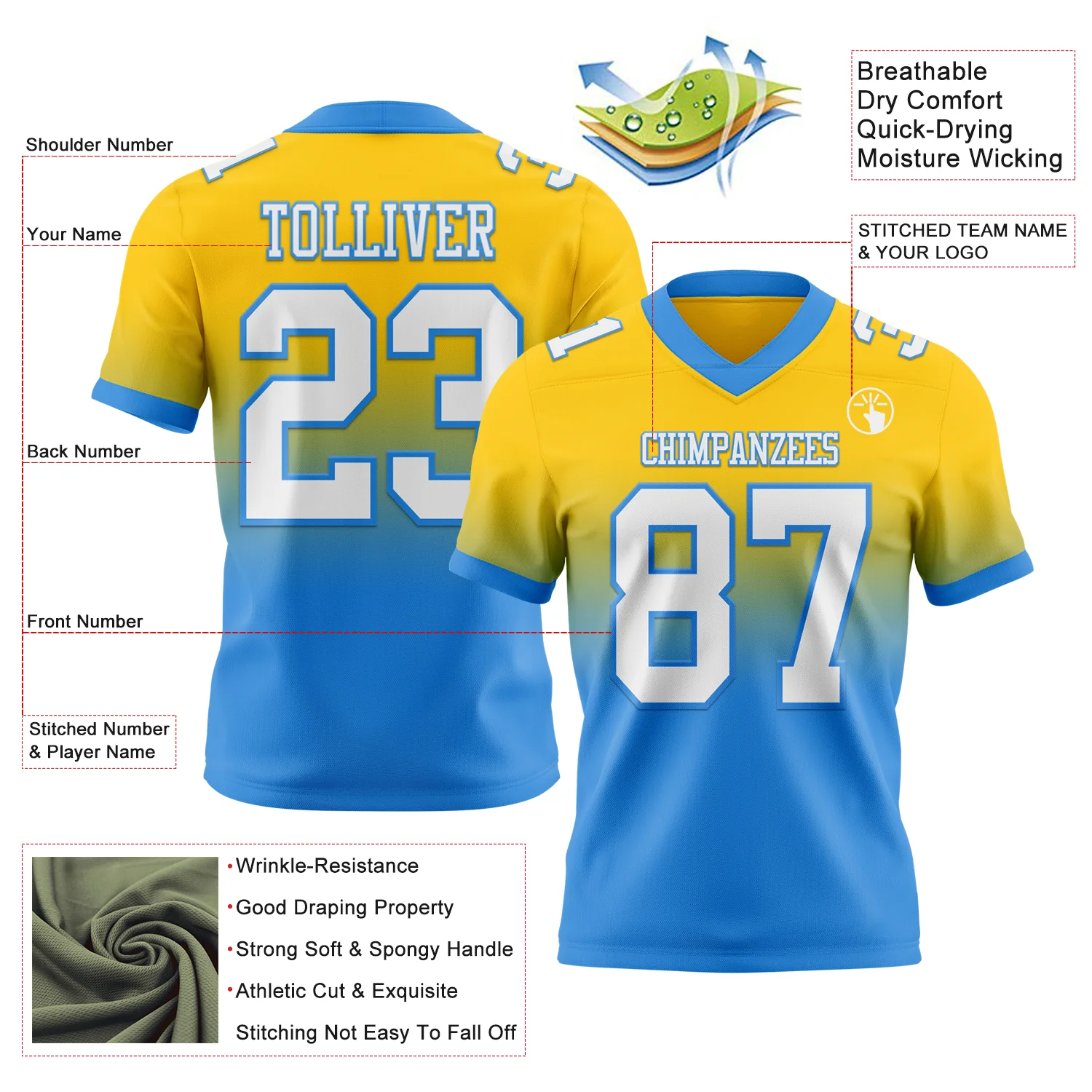 Custom Yellow White-Powder Blue Authentic Fade Fashion Football Jersey