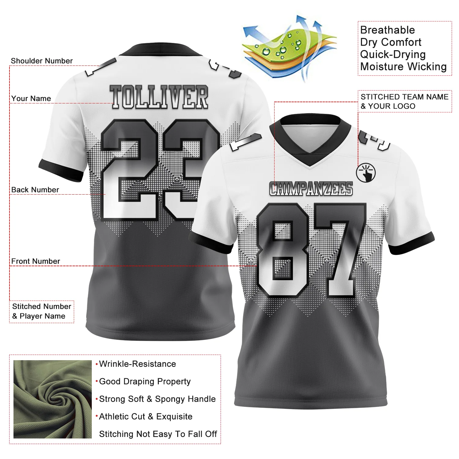 Custom White Steel Gray-Black Authentic Gradient Square Shape Flag Football Jersey