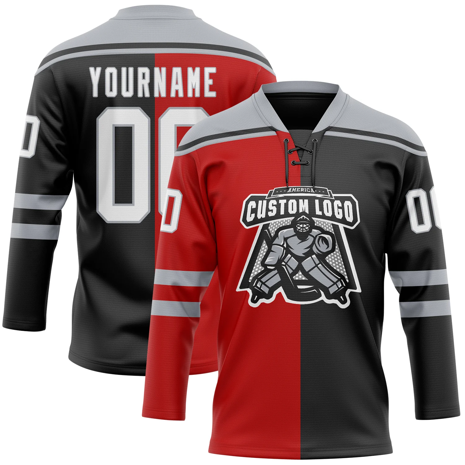 Custom Black White Red-Gray Split Fashion Hockey Lace Neck Jersey