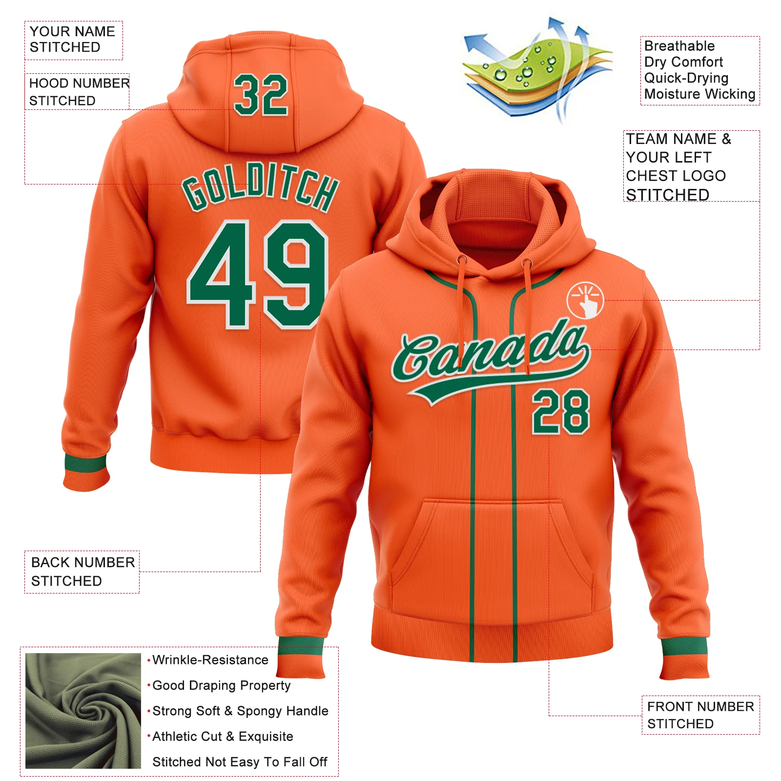 Custom Stitched Orange Kelly Green-White Baseball Pullover Sweatshirt Hoodie