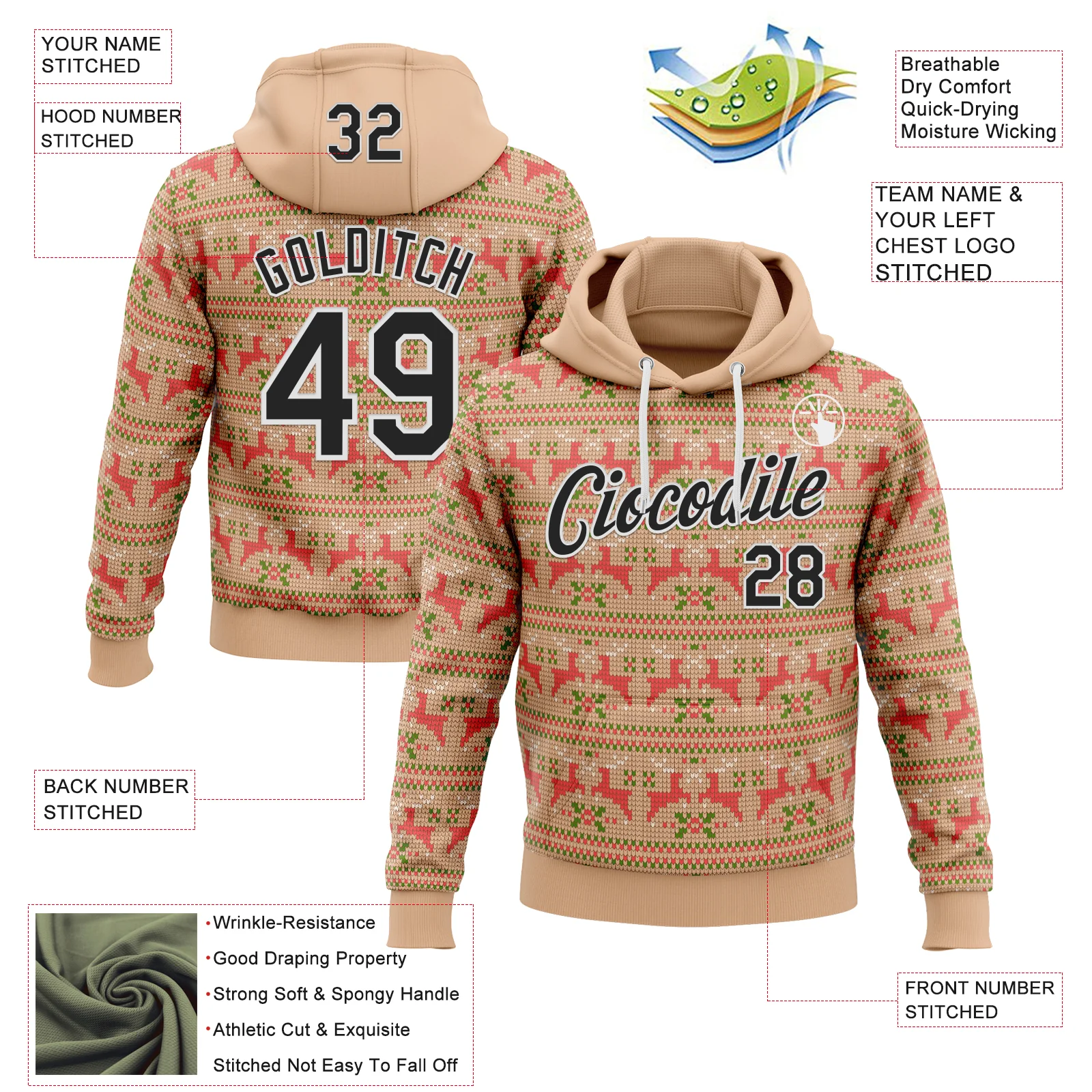 Custom Stitched Brown Black-White 3D Christmas Ugly Sweater Sports Pullover Sweatshirt Hoodie
