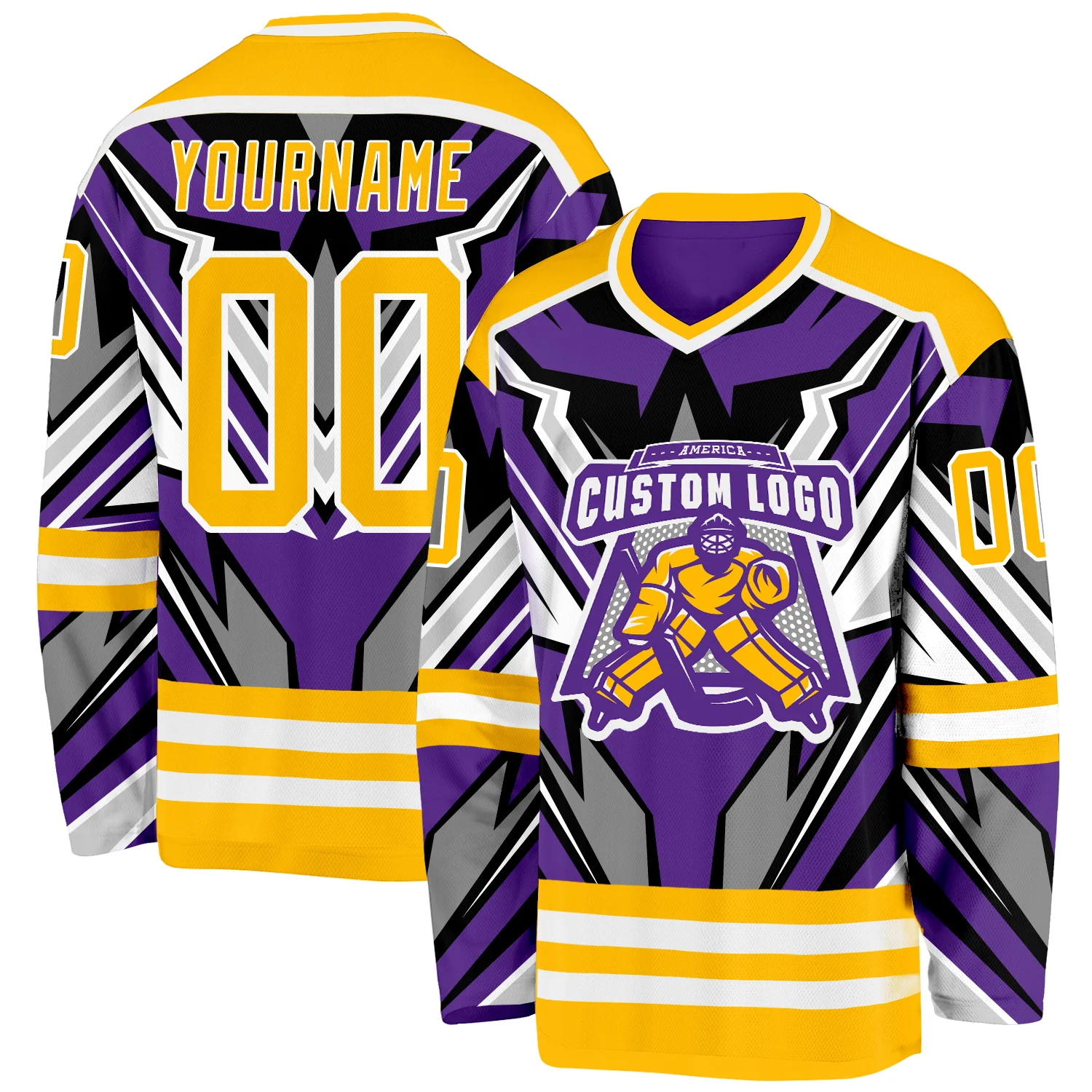 Custom Purple Gold Black Gray-White 3D Pattern Cyber Mecha E-sport Hockey Jersey