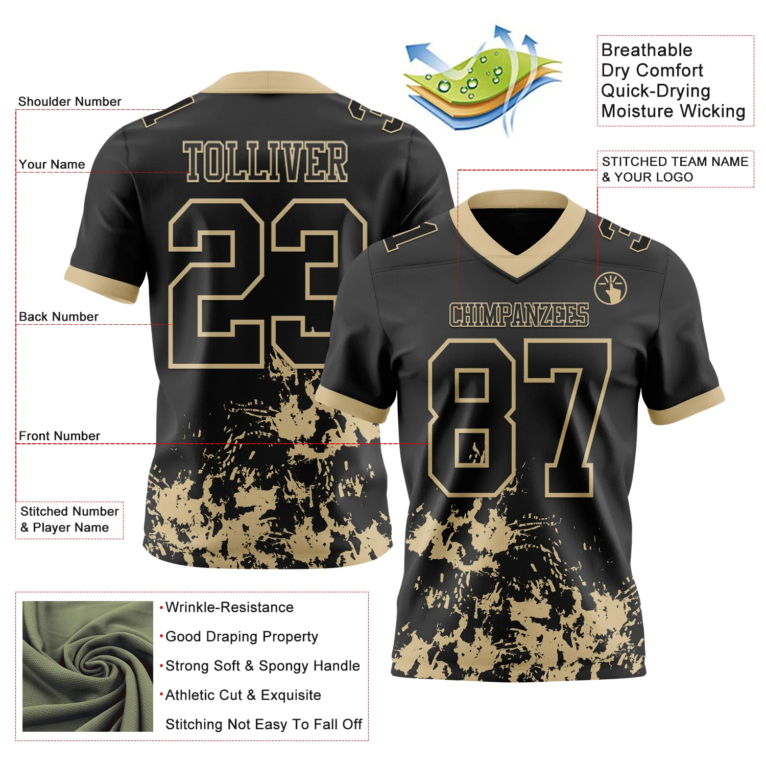 Custom Black Vegas Gold 3D Pattern Splash Authentic Football Jersey