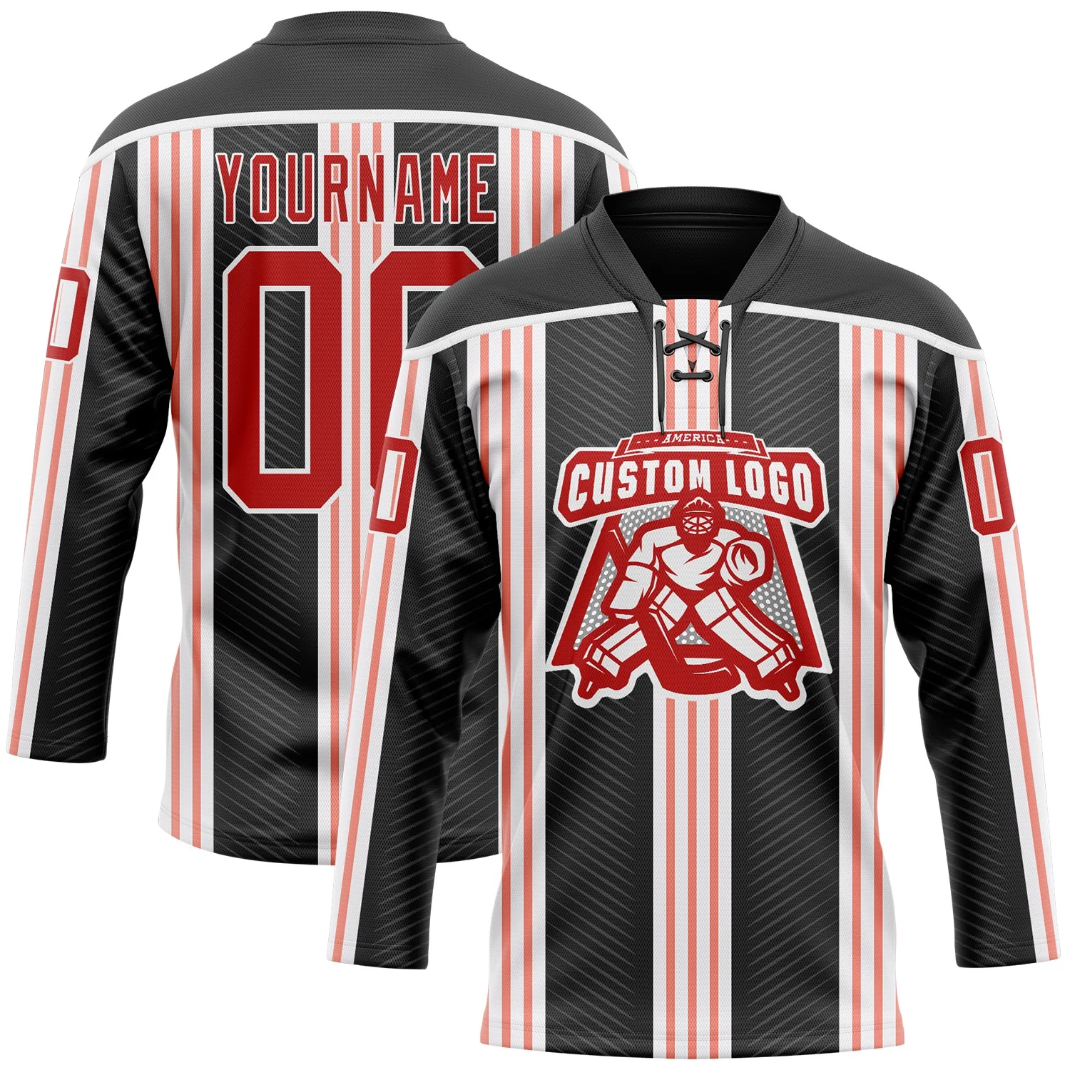 Custom Black Red Pink-White 3D Pattern Design Stripe Hockey Lace Neck Jersey