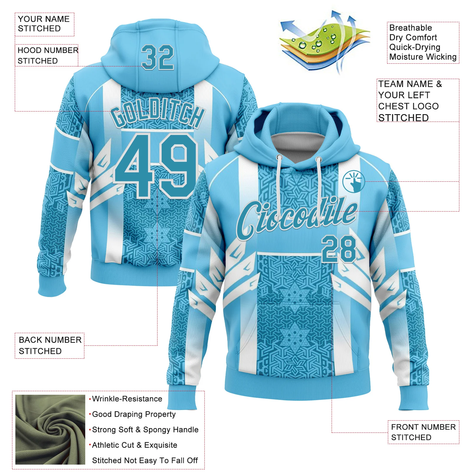 Custom Stitched Blue Panther Blue-White 3D Pattern Design Argentine Inspired Geometric Shape Sportswear Pullover Sweatshirt Hoodie