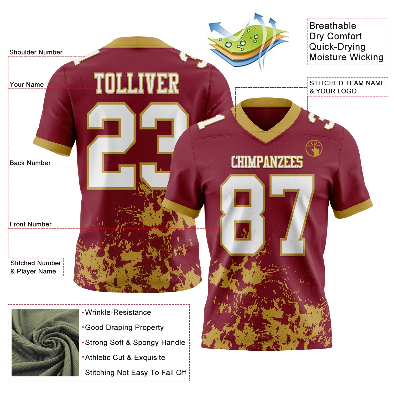Custom Crimson White-Old Gold 3D Pattern Splash Authentic Football Jersey