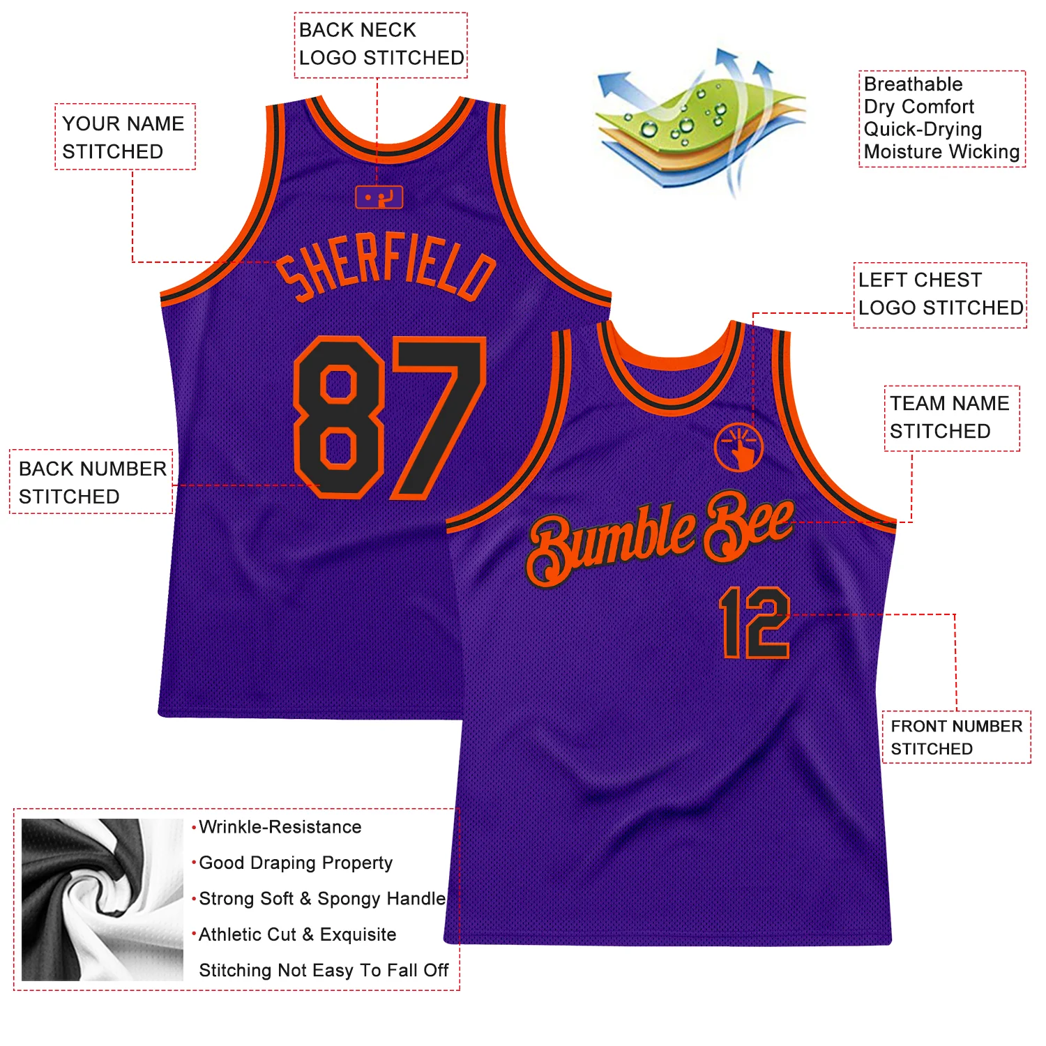 Custom Purple Black-Orange Authentic Throwback Basketball Jersey