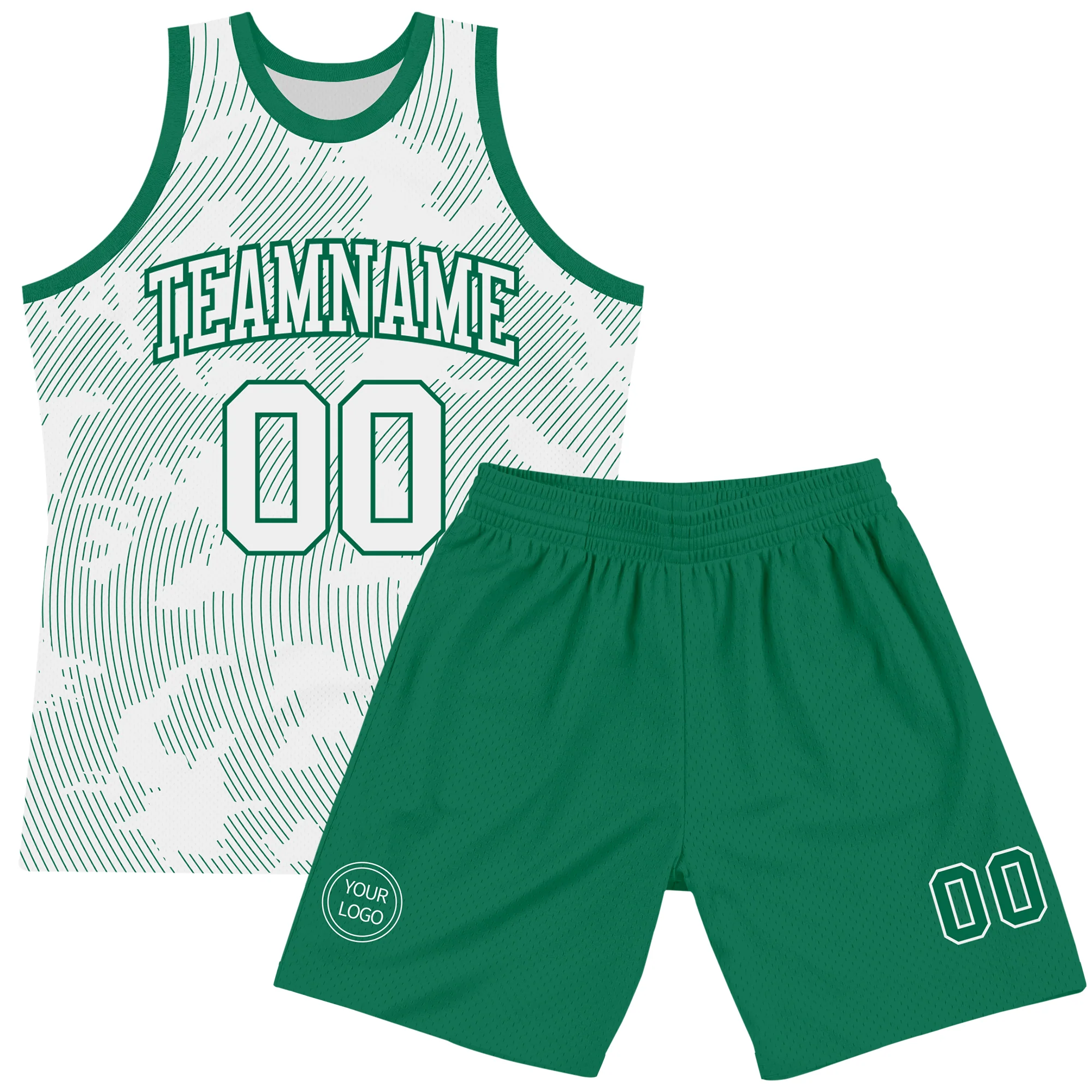 Custom White Kelly Green Curve Lines Round Neck Sublimation Basketball Suit Jersey