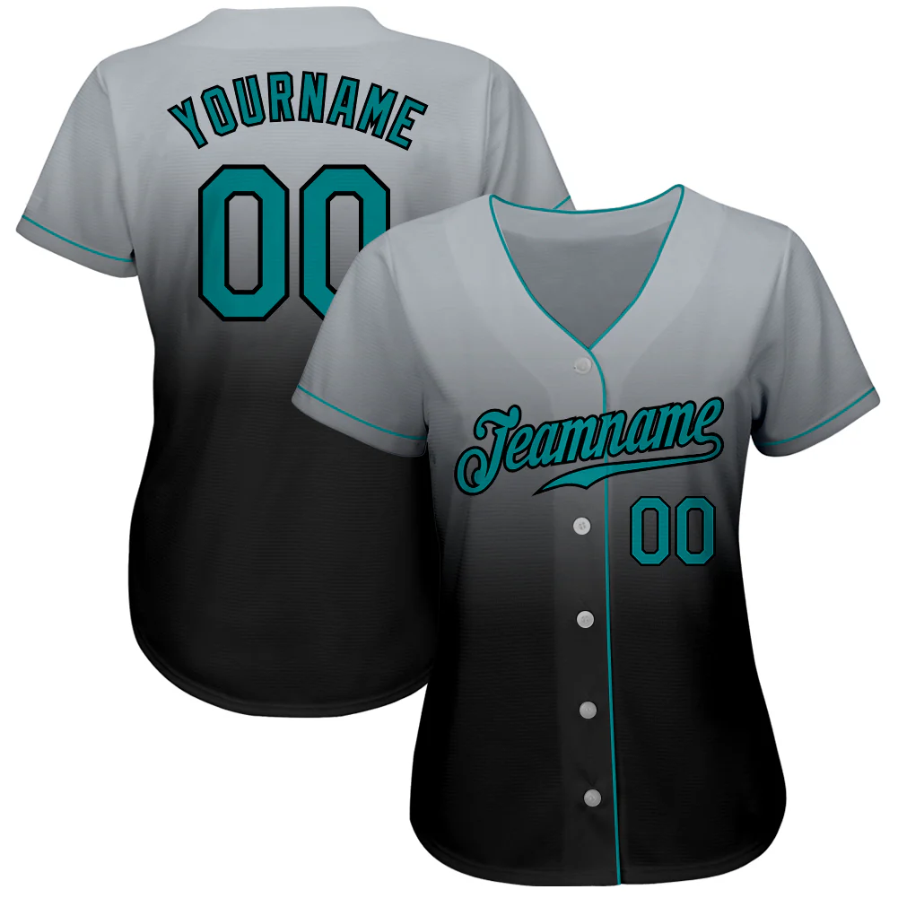 Custom Gray Teal-Black Authentic Fade Fashion Baseball Jersey
