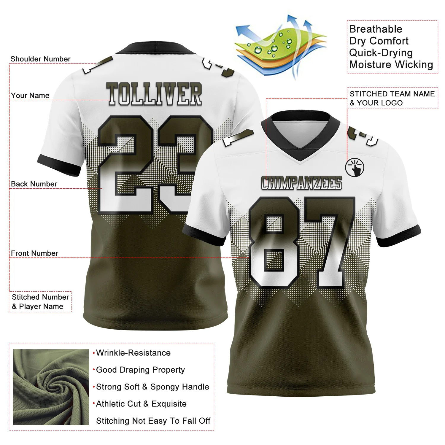 Custom White Olive-Black Authentic Gradient Square Shape Flag Football Jersey