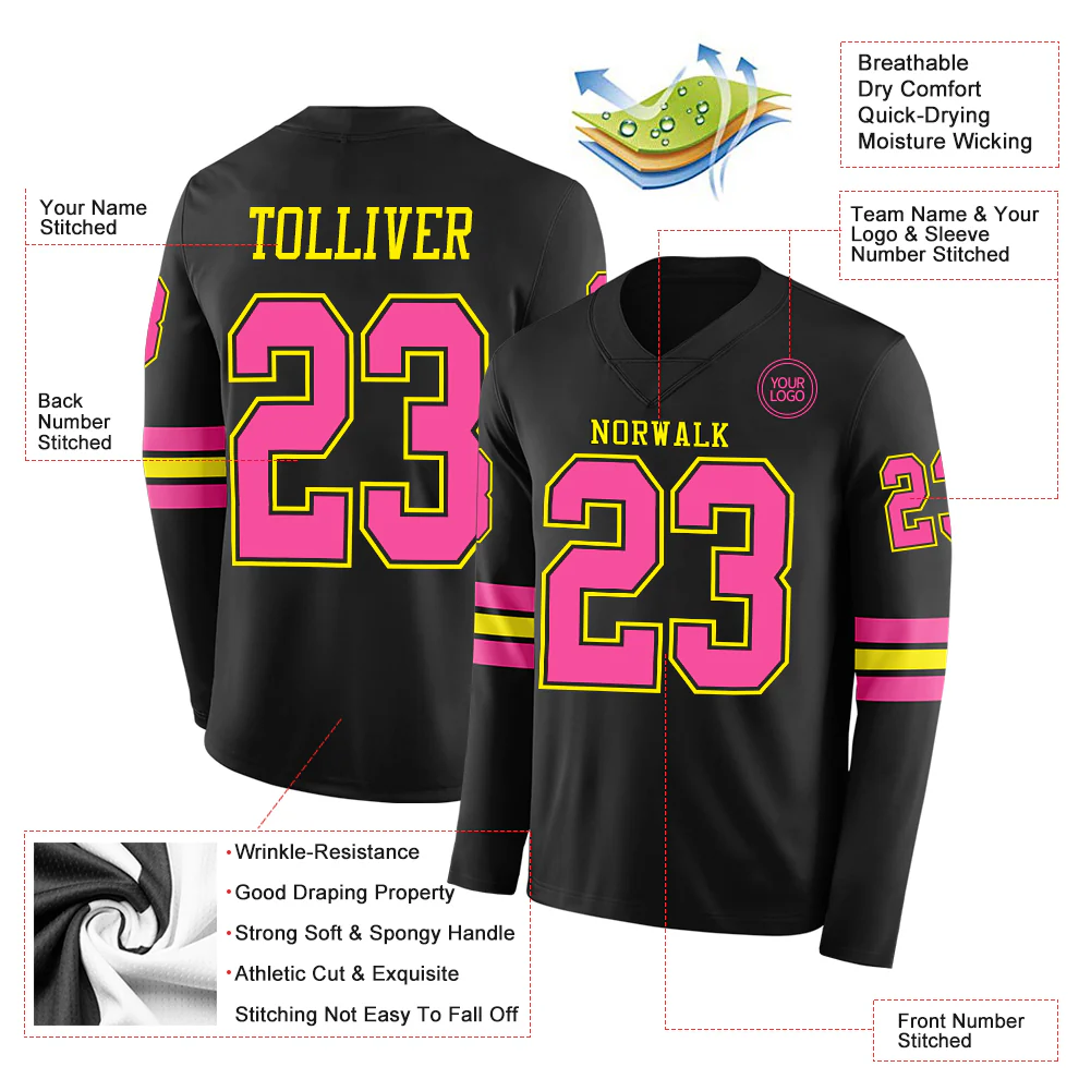 Custom Black Pink-Light Yellow Long Sleeve Authentic Football Jersey
