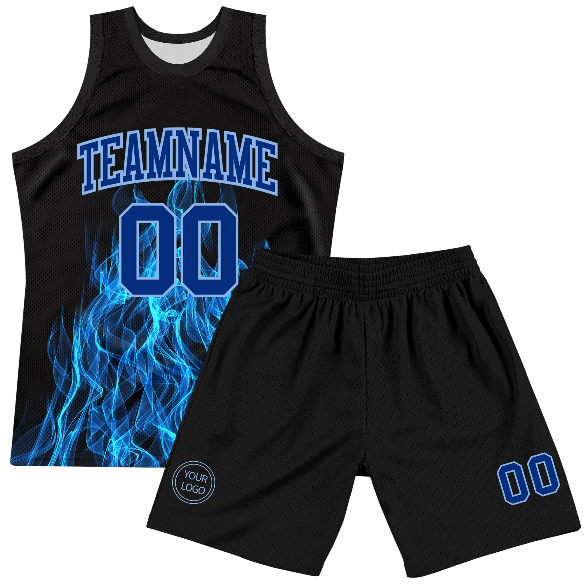 Custom Black Royal-Light Blue Flame Round Neck Sublimation Basketball Suit Jersey