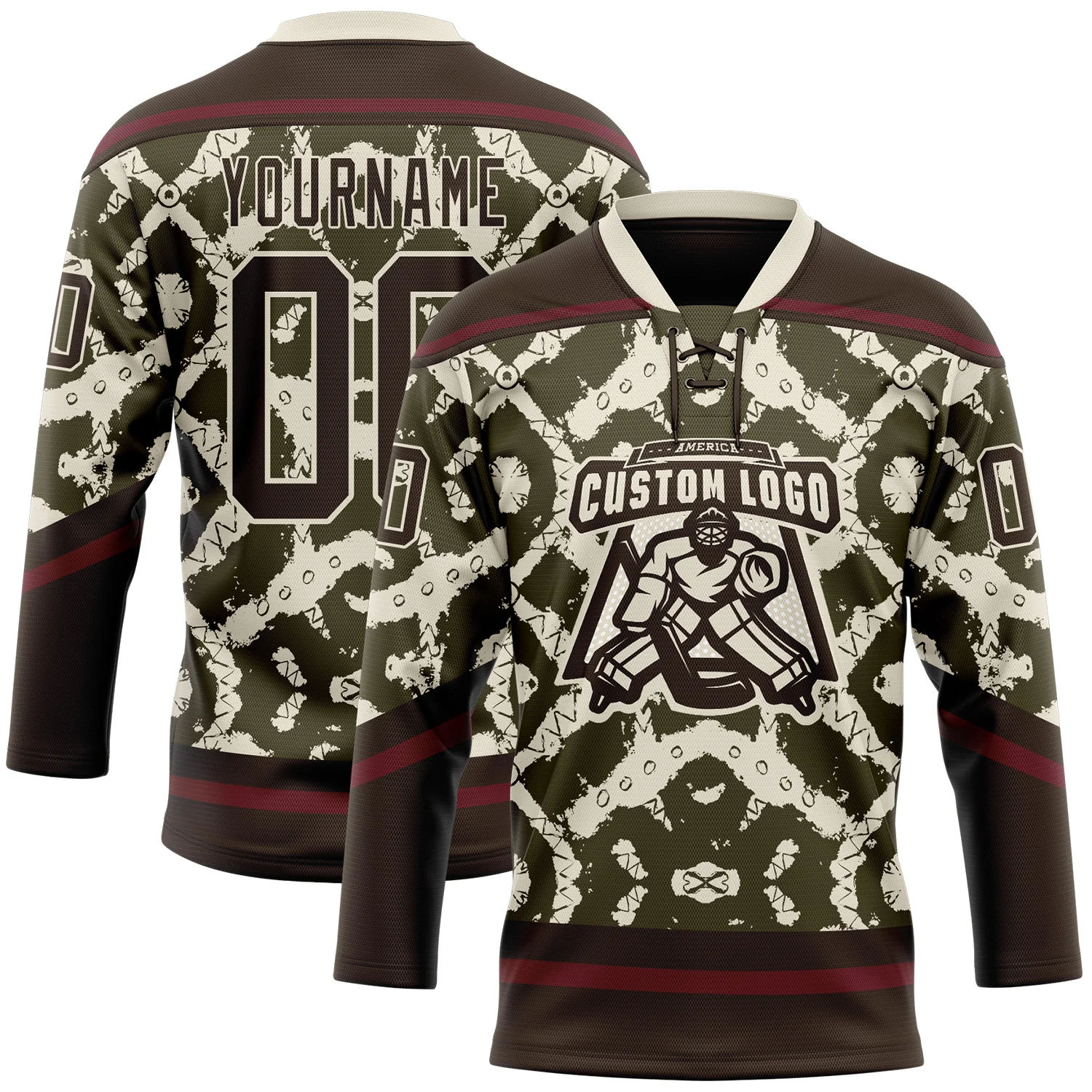 Custom Olive Brown Cream-Burgundy 3D Pattern Tribal Indigenous Grunge Splash Hockey Lace Neck Jersey