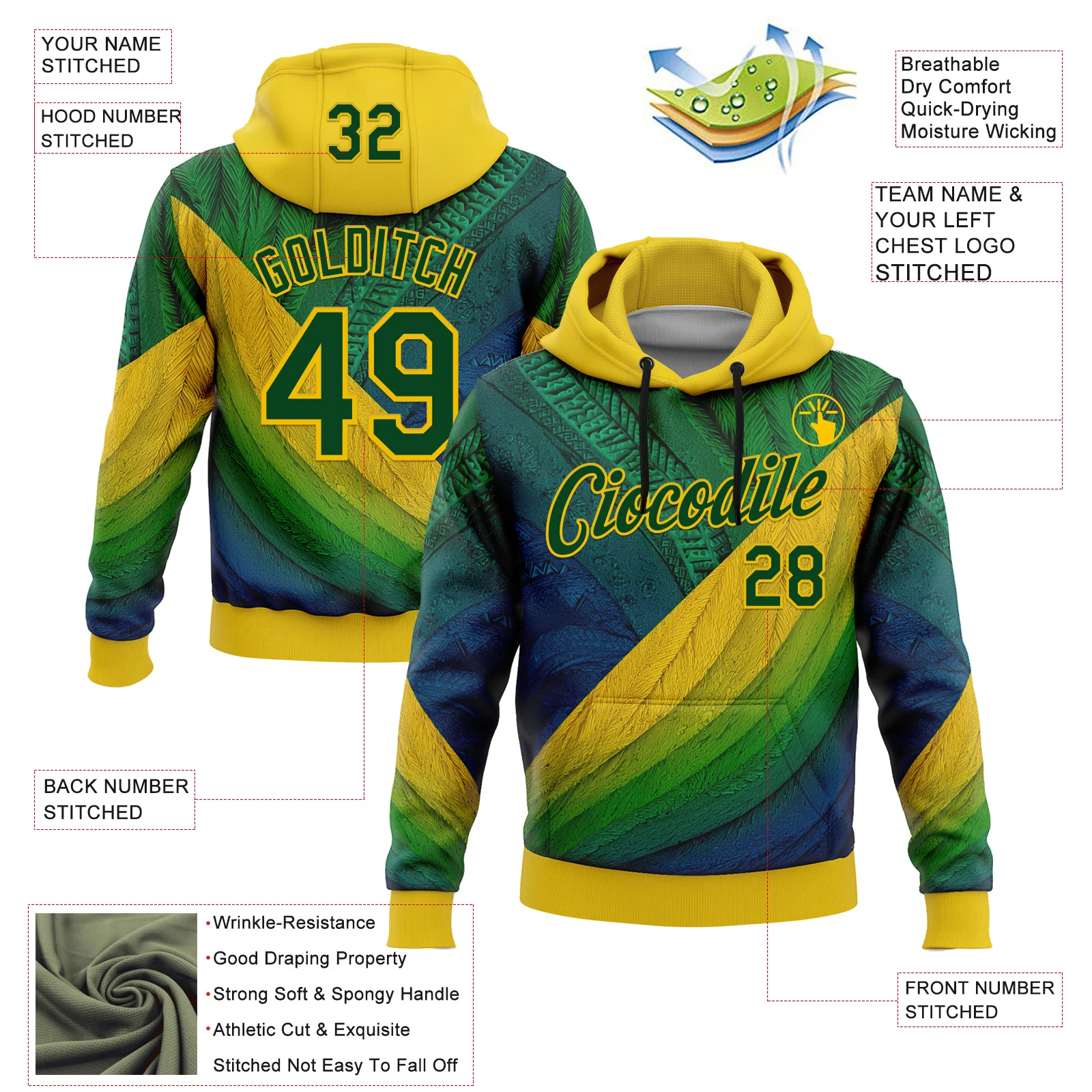 Custom Stitched Yellow Green 3D Pattern Design Brazil Inspired Tribal Sportswear Pullover Sweatshirt Hoodie