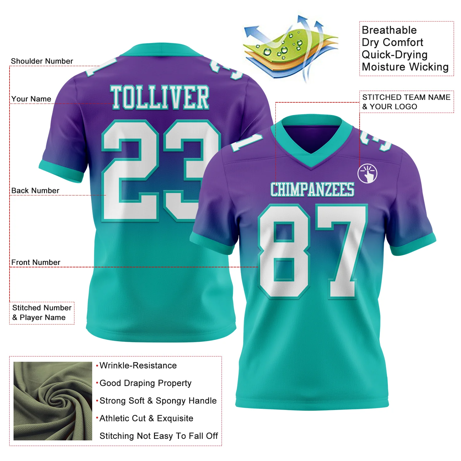 Custom Purple White-Aqua Authentic Fade Fashion Football Jersey