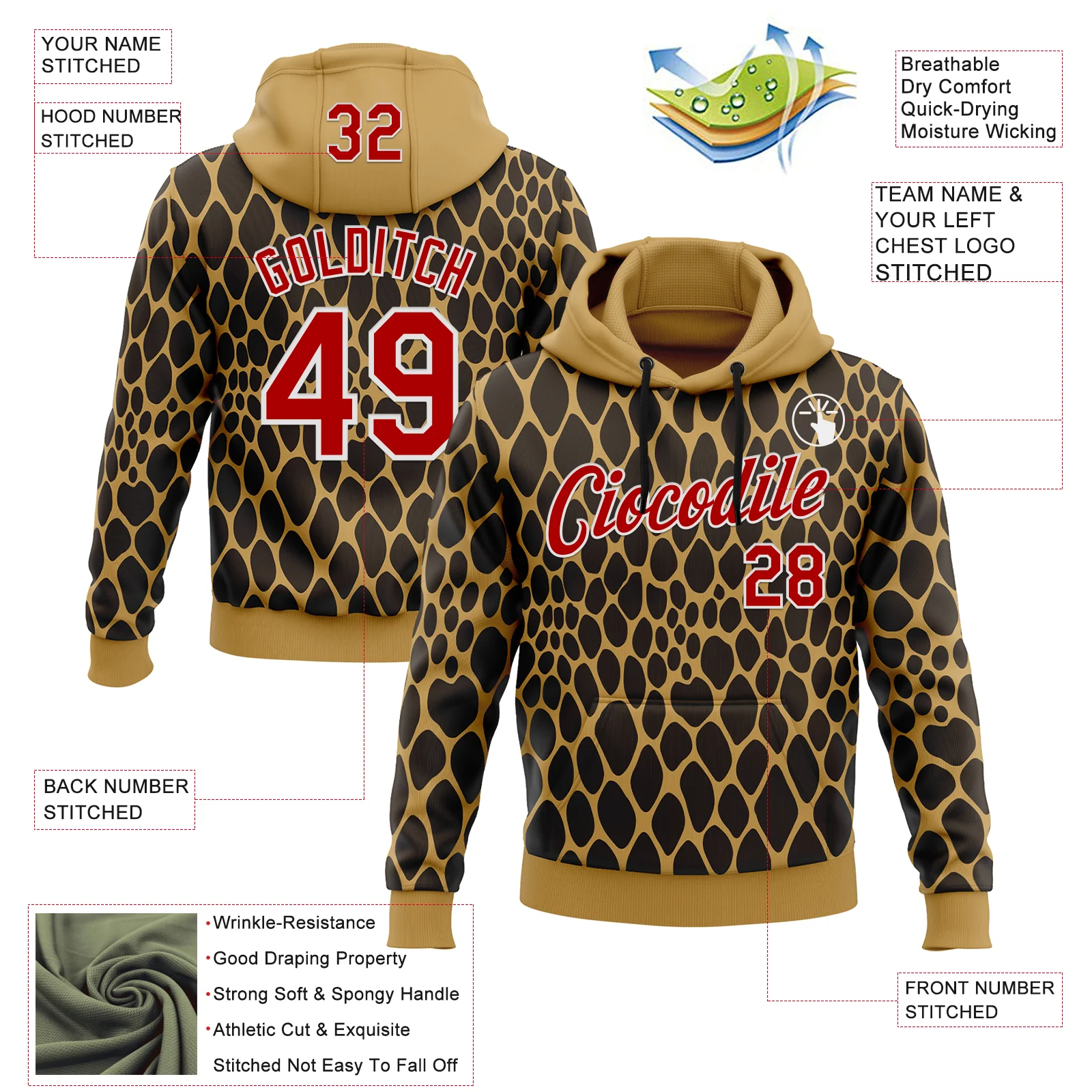 Custom Stitched Old Gold Red Brown-White 3D Pattern Design Snake Skin Print Sportswear Pullover Sweatshirt Hoodie