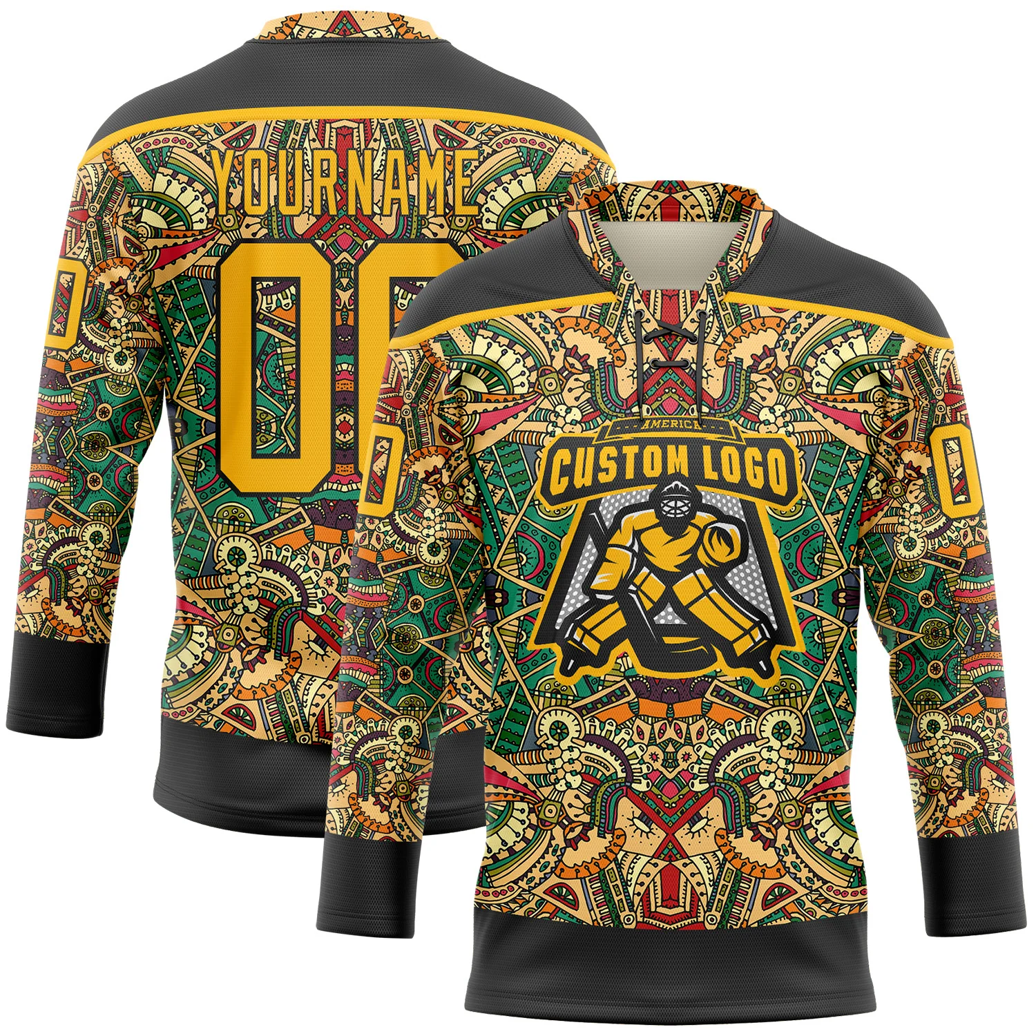 Custom Black Gold 3D Pattern Native Americans Tribal Indigenous People Hockey Lace Neck Jersey