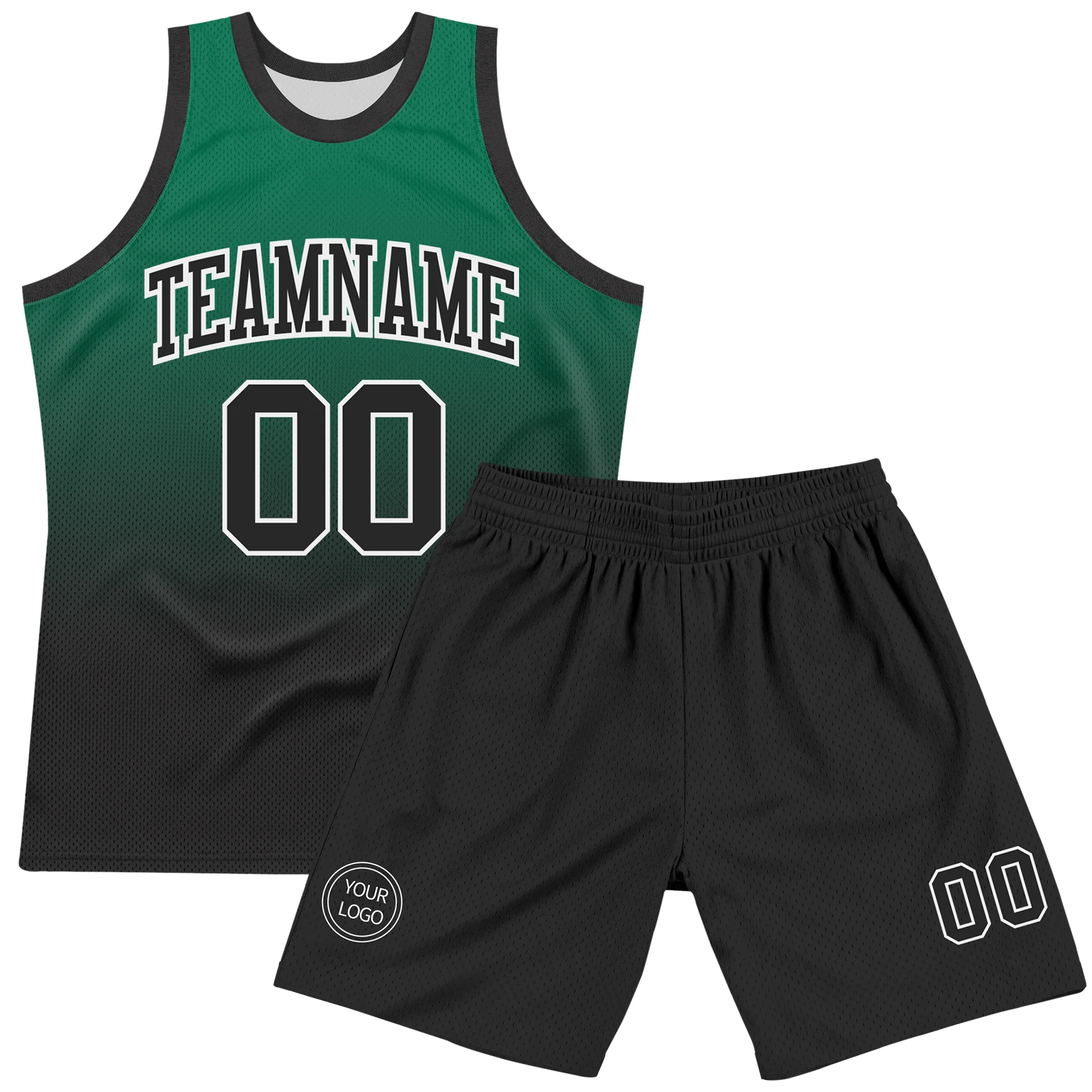 Custom Kelly Green Black-White Fade Fashion Round Neck Sublimation Basketball Suit Jersey