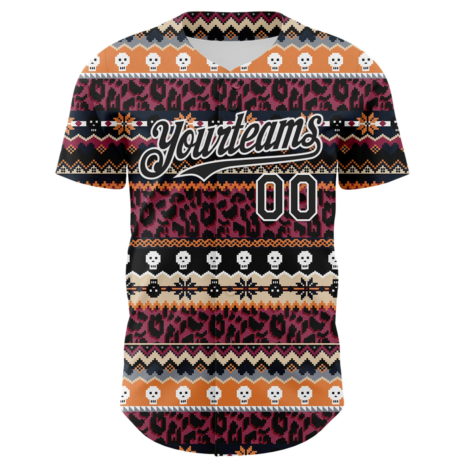 Custom Black White 3D Skull And Leopard Print Authentic Baseball Jersey