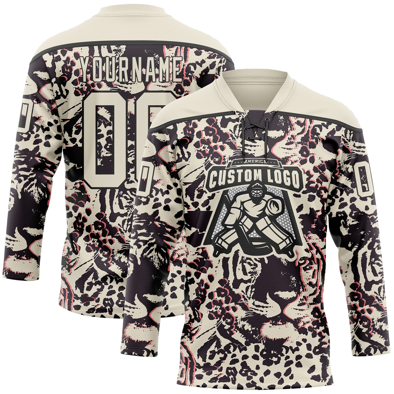 Custom Cream Black-Pink 3D Pattern Tiger Print Hockey Lace Neck Jersey
