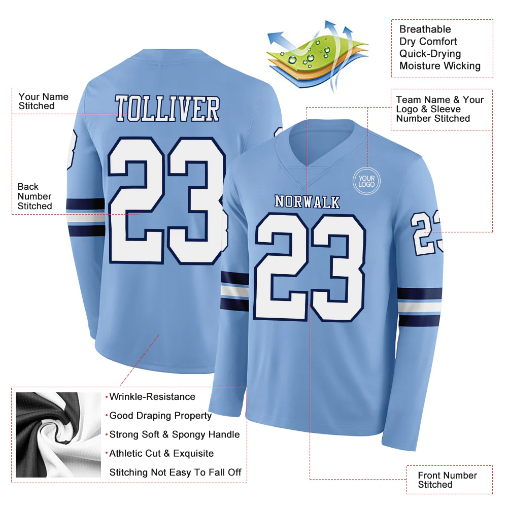 Custom Light Blue White-Navy Long Sleeve Authentic Football Jersey