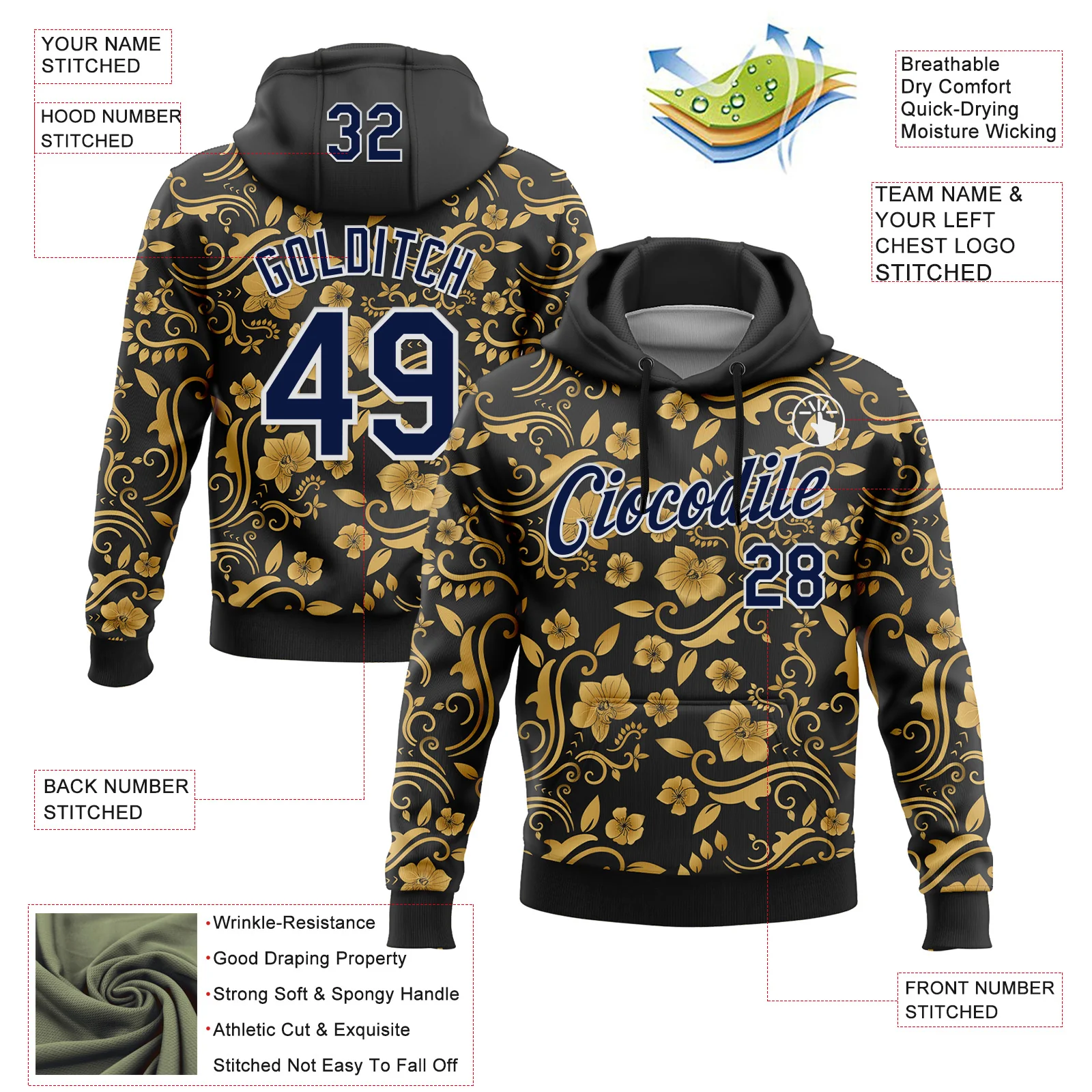 Custom Stitched Black Navy-White 3D Pattern Design Golden Subtle Floral Sports Pullover Sweatshirt Hoodie