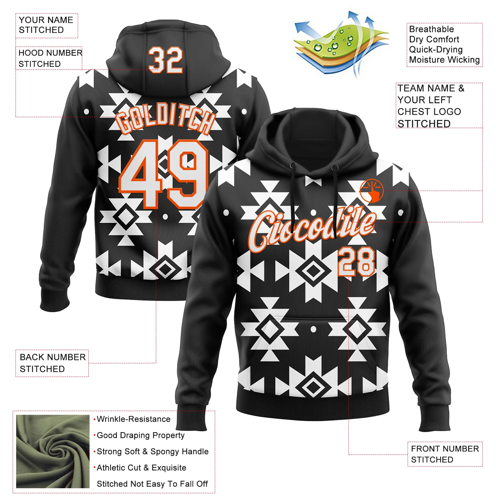 Custom Stitched Black White-Orange 3D Mexico Aztec Pattern Sports Pullover Sweatshirt Hoodie
