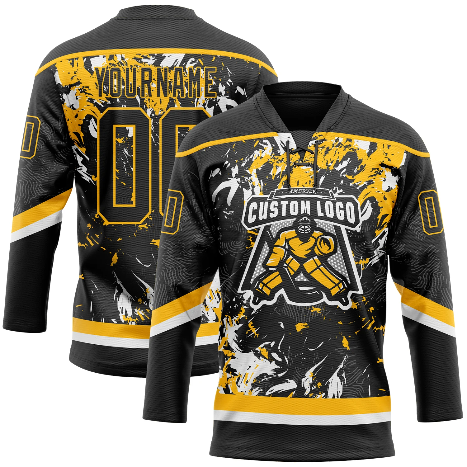 Custom Black Gold-White 3D Fluid Art Splash Hockey Lace Neck Jersey
