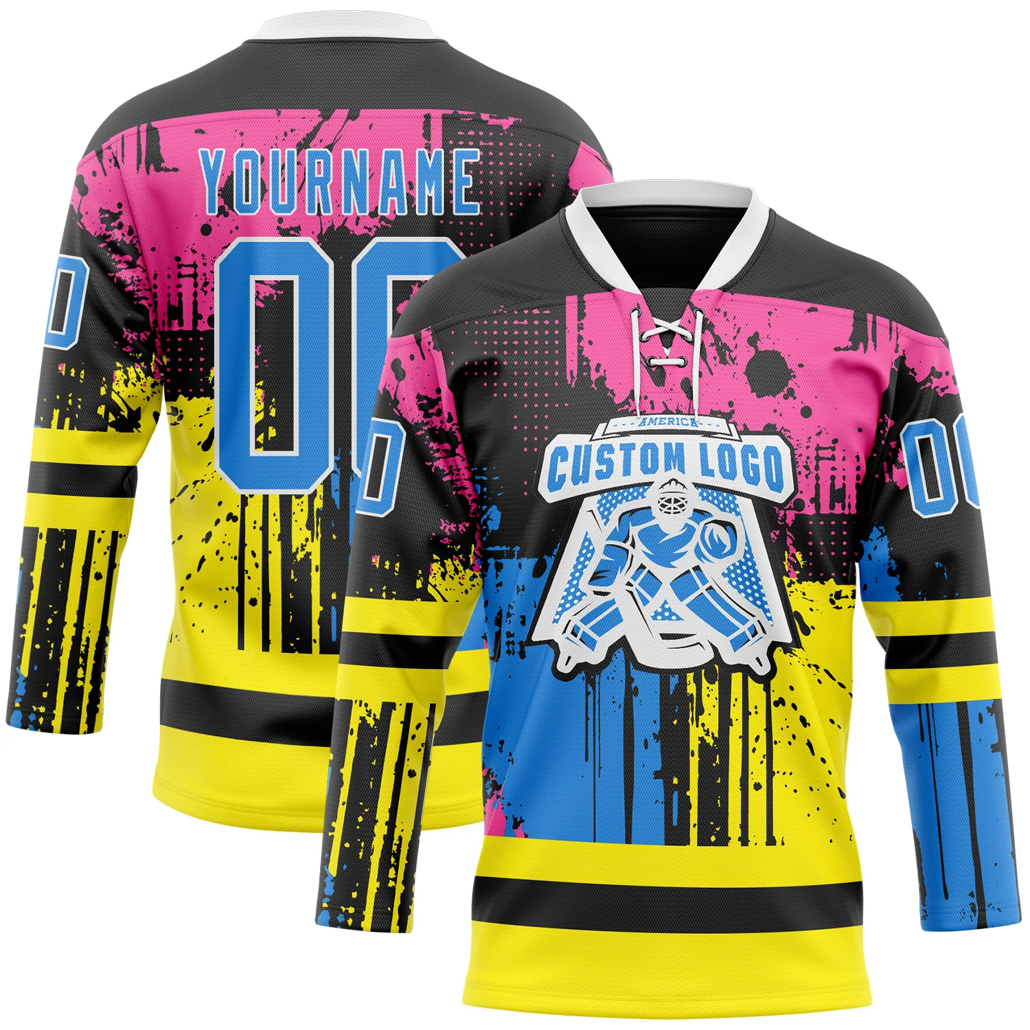 Custom Black Powder Blue Pink Yellow-White 3D Pattern Abstract Splatter Paint Hockey Lace Neck Jersey