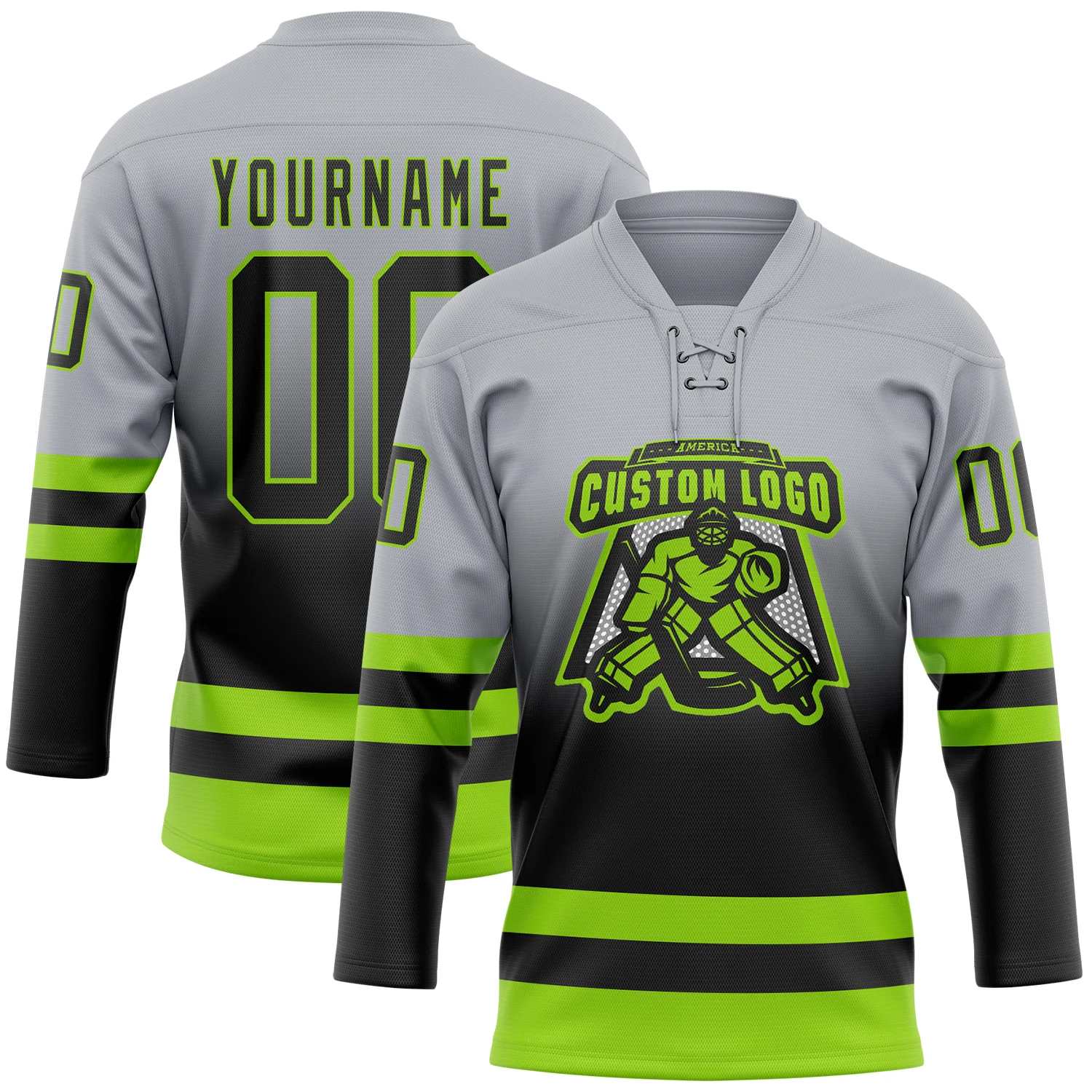 Custom Gray Black-Neon Green Fade Fashion Hockey Lace Neck Jersey