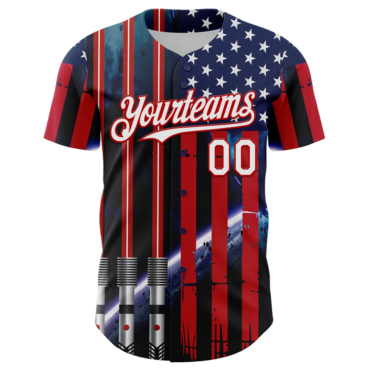 Custom Blue White-Red 3D Pattern Design American Flag Outer Space Light Swords Authentic Baseball Jersey