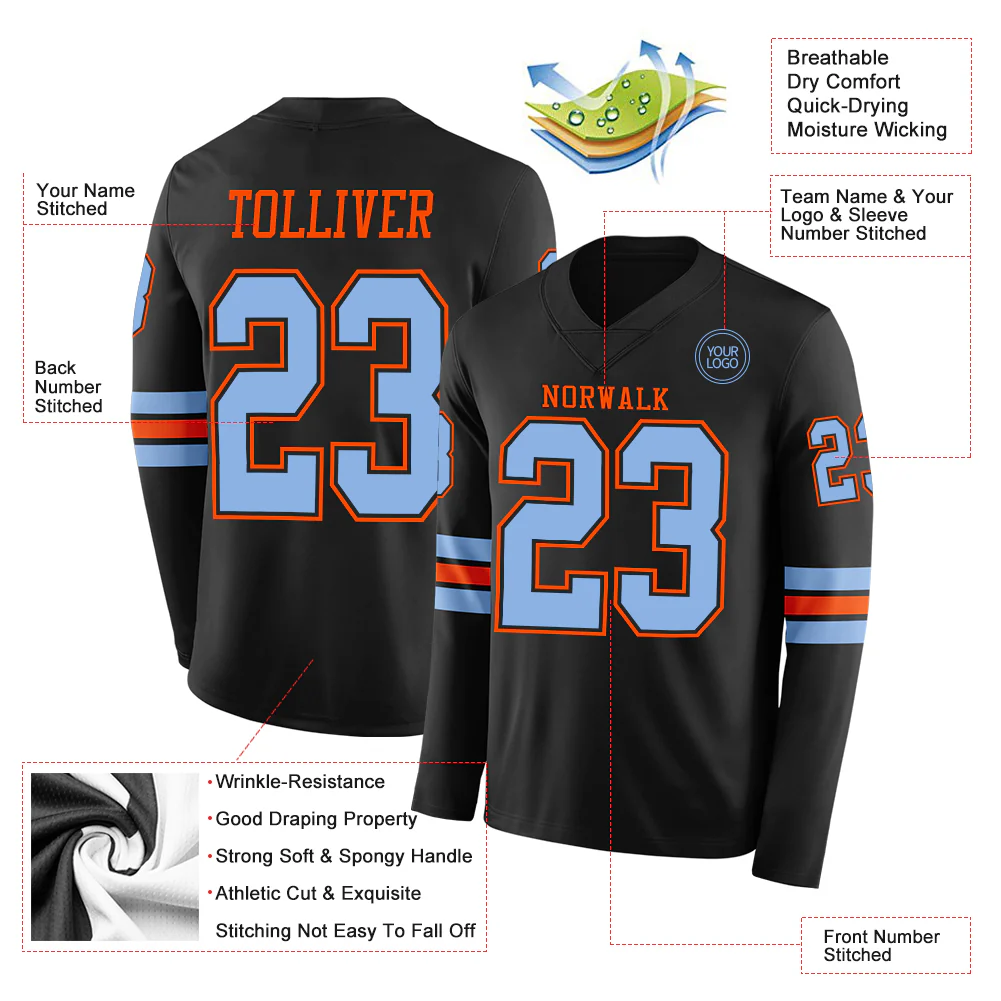 Custom Black Light Blue-Orange Long Sleeve Authentic Football Jersey
