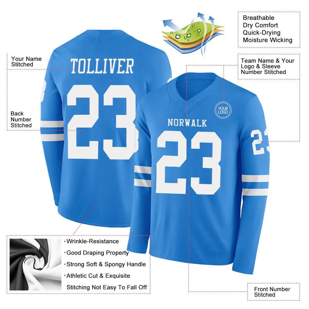 Custom Powder Blue White Long Sleeve Authentic Football Jersey