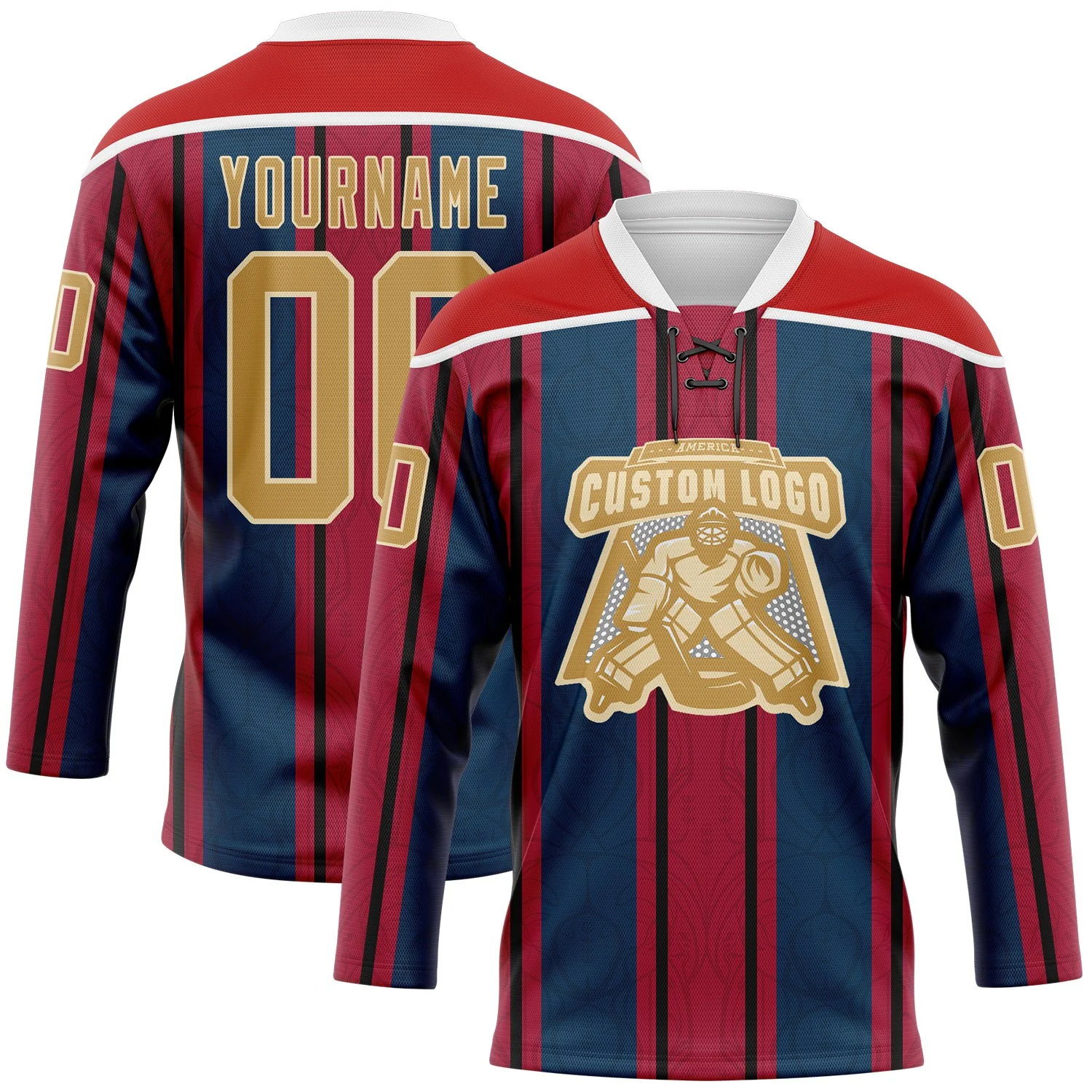 Custom Red Old Gold Navy White-Cream 3D Pattern Design Stripe Hockey Lace Neck Jersey