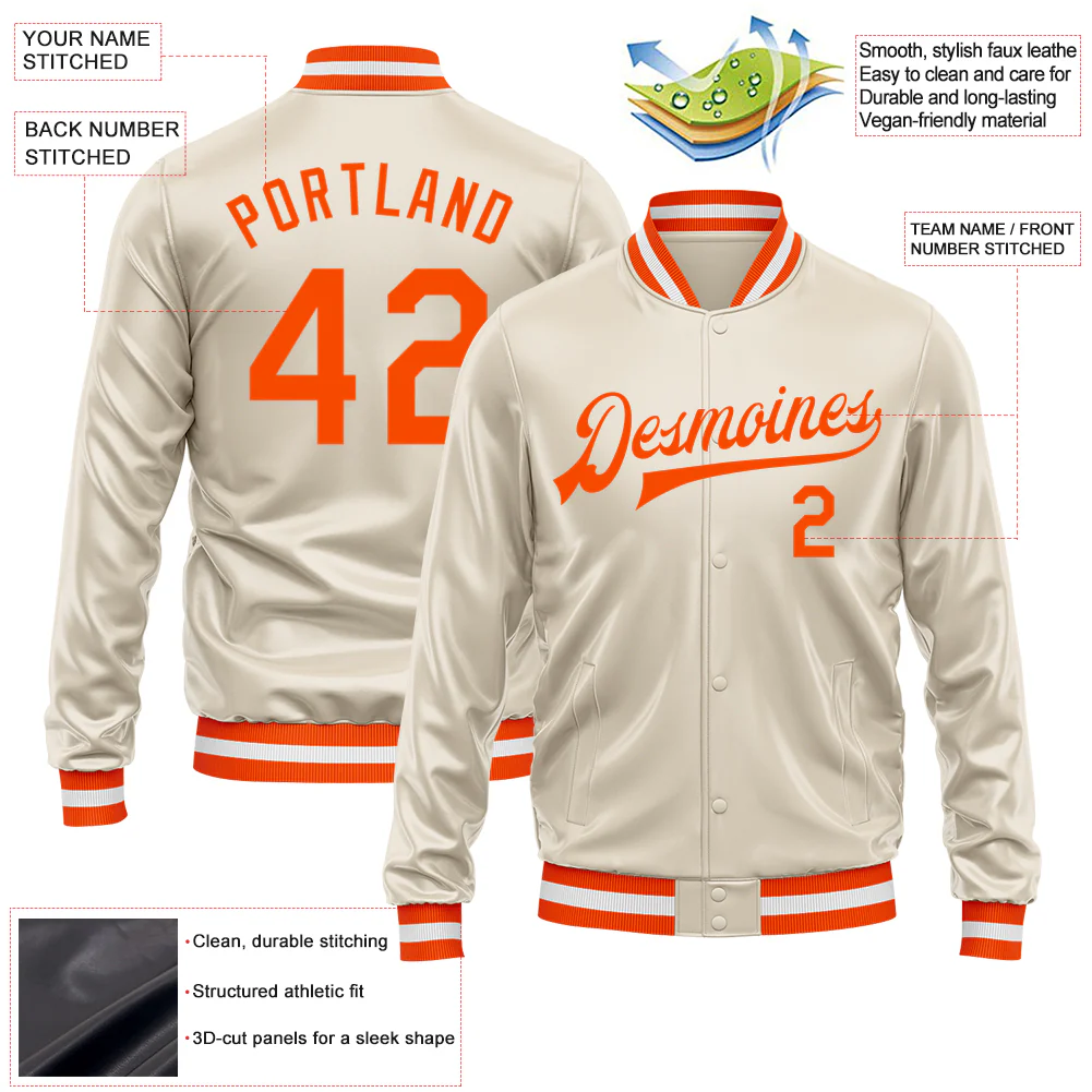 Custom Cream Orange Bomber Full-Snap Varsity Faux Leather Letterman Jacket