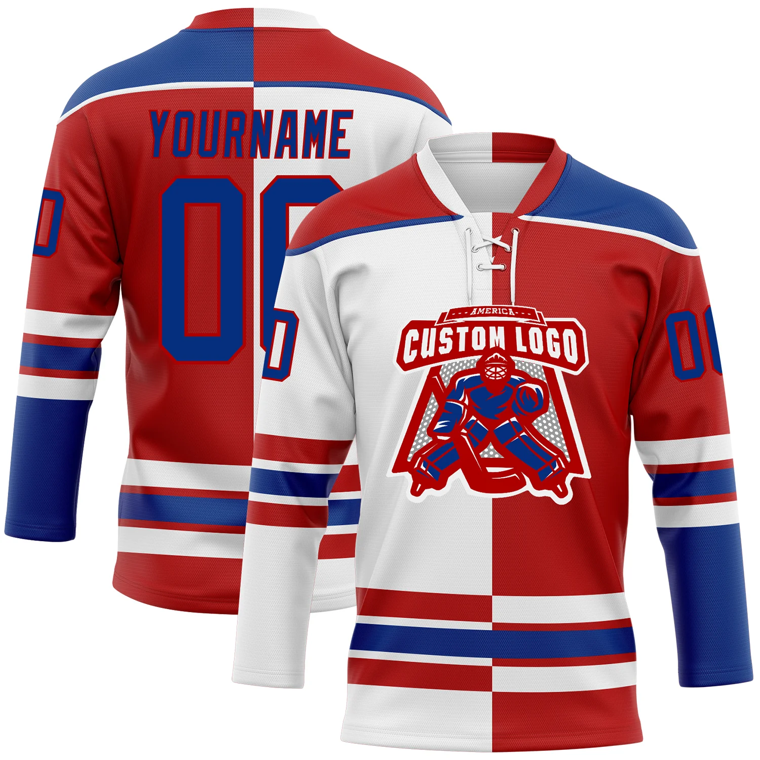 Custom Red Royal-White Split Fashion Hockey Lace Neck Jersey