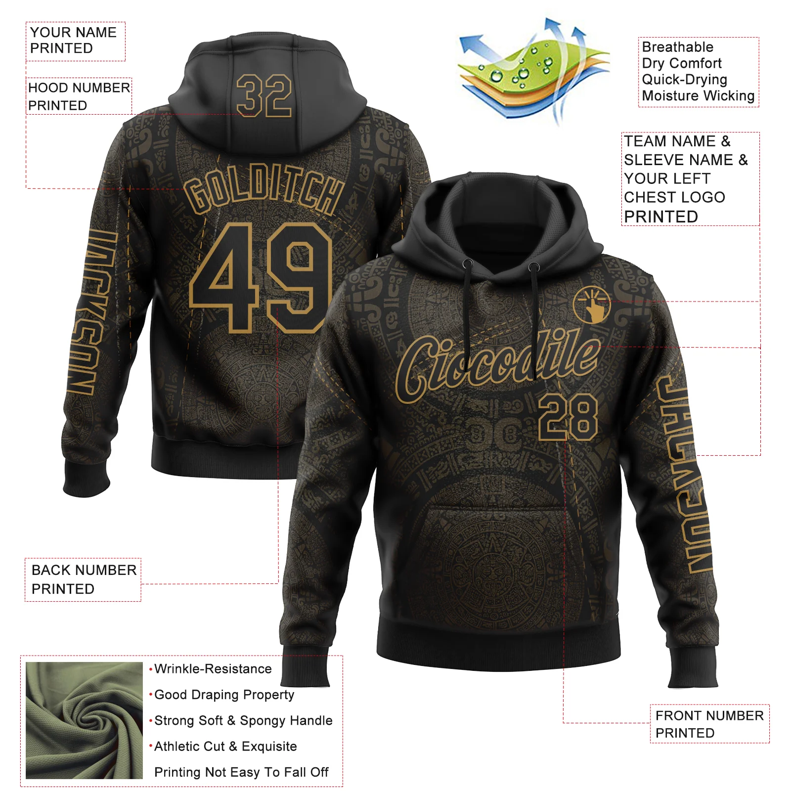 Custom Black Old Gold 3D Pattern Design Ethnic Tribal Sportswear Pullover Sweatshirt Hoodie