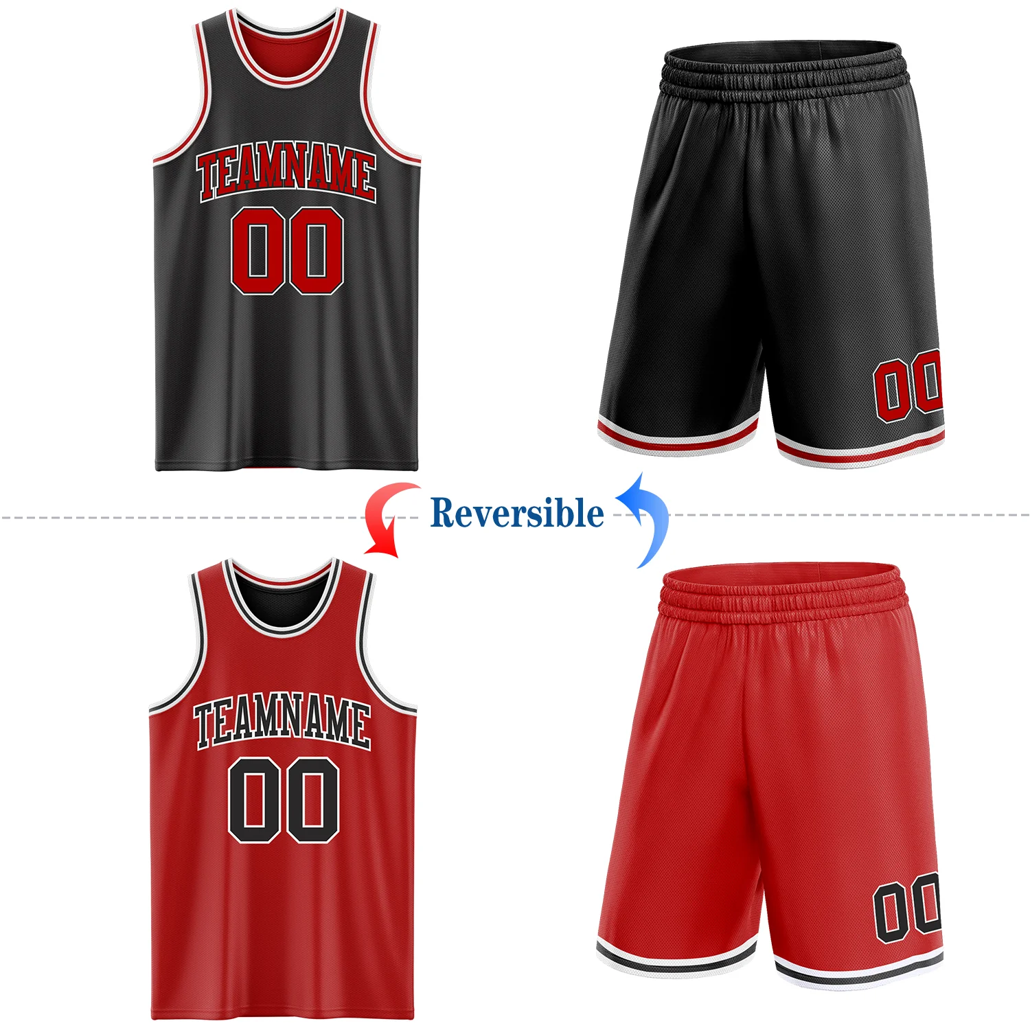 Custom Reversible Black Red-White Double Side Sublimation Basketball Suit Jersey